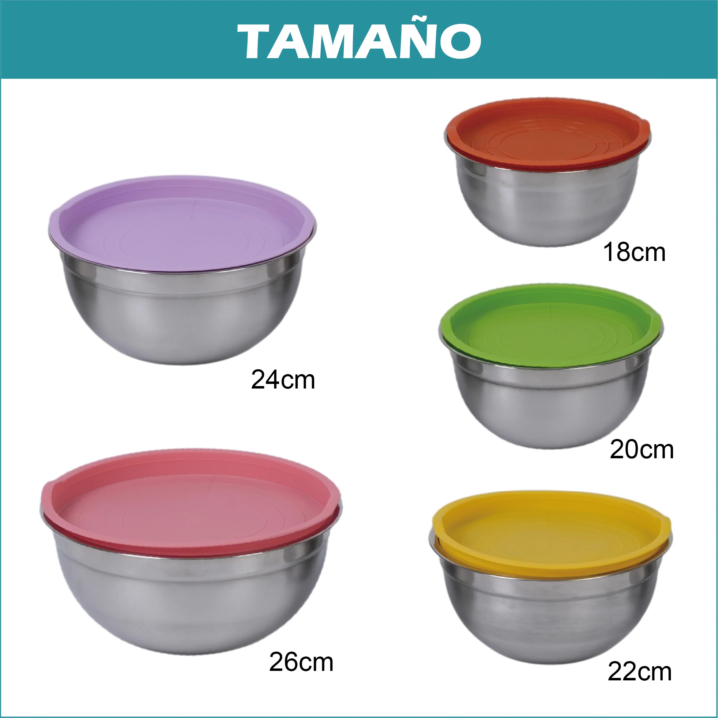 Tazones Bowl De Acero Inoxidable Con Tapa. Multifuncionales Colores Surtidos. (Set De 5Piezas) Tamaños 18-26Cm  Bowl De Cocina. Base Antideslizante - Image 2