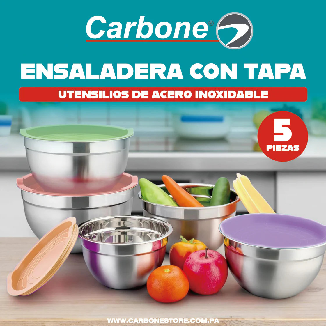 Tazones Bowl De Acero Inoxidable Con Tapa. Multifuncionales Colores Surtidos. (Set De 5Piezas) Tamaños 18-26Cm  Bowl De Cocina. Base Antideslizante - Image 5