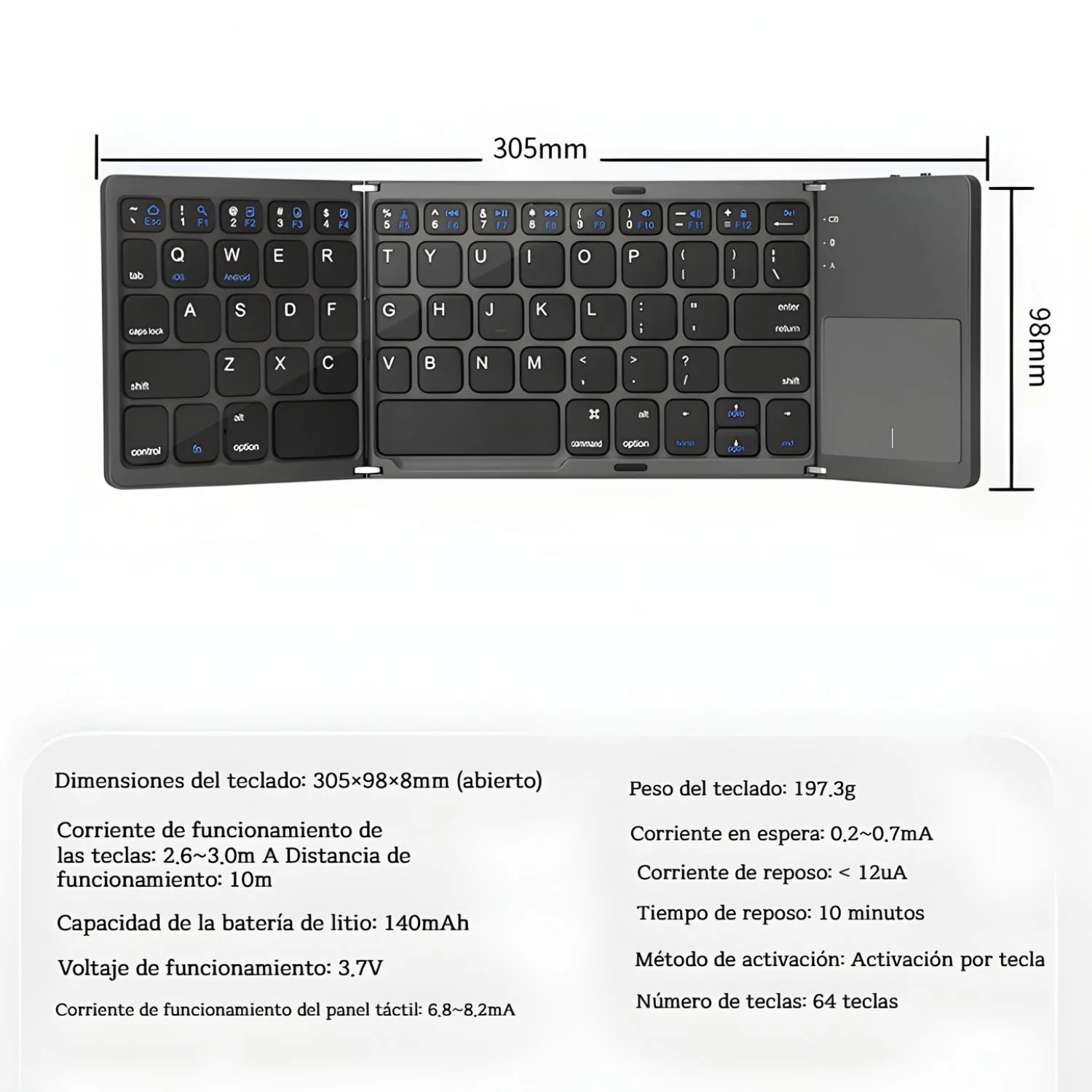 Teclado Bluetooth Plegable Portátil Con Touchpad. Compatible Ios Android Windows (305×98×8Mm). - Image 6