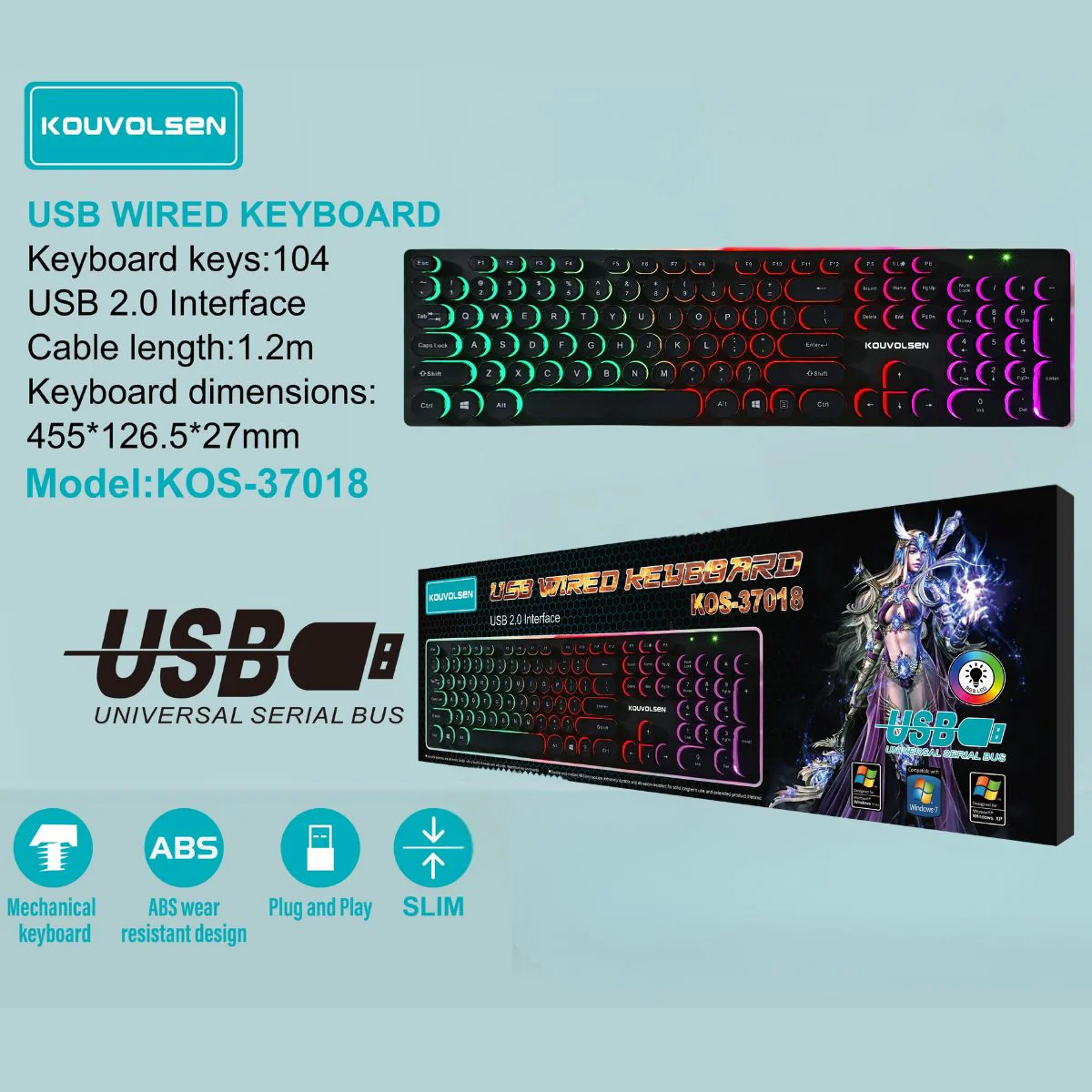 Teclado Gamer USB Con Cable (1.2M) Compatible Con PC Y Laptop. Retroiluminación RGB Multicolor. 104 Teclas. Conexión USB 2.0 Plug & Play.