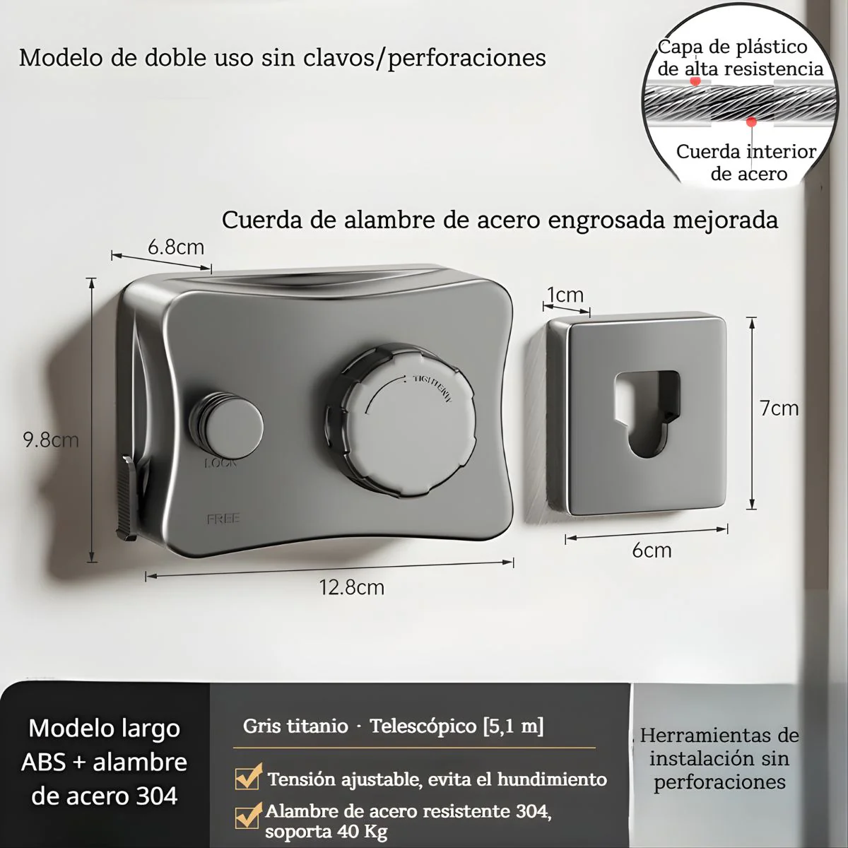 Tendedero De Ropa Retráctil De Pared 5.1 M Gris, Cuerda De Acero Inoxidable Ajustable Resistente Al Viento. Ahorrador De Espacio. Rack Para Secar Ropa. - Image 3