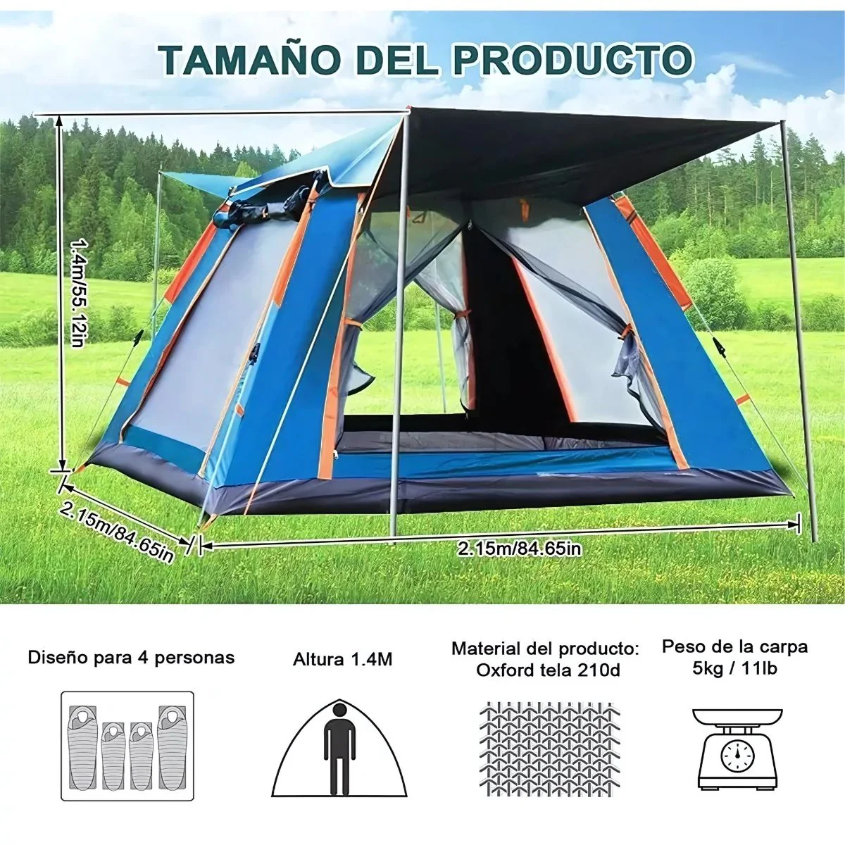 Tienda De Acampar Para 3-4 Personas. Tienda De Campaña Impermeable 215X215x142cm. Ideal Para Exteriores Y Camping. - Image 2