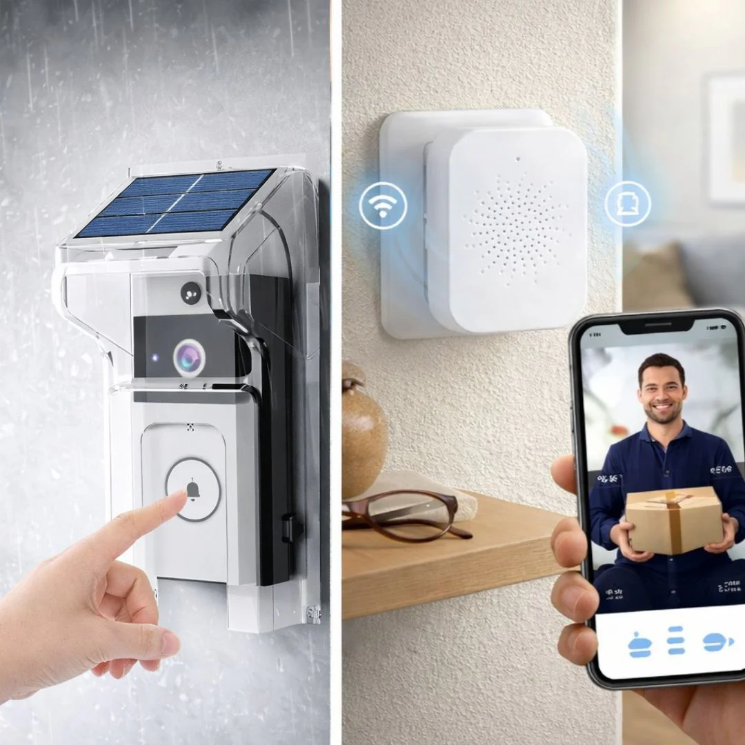 Timbre Inteligente Con Cámara Wifi Y Panel Solar. Video Portero Inalámbrico Con Visión Nocturna, Audio Bidireccional Y Monitoreo Con App. Incluye Cobertor Antilluvia Para Exteriores.