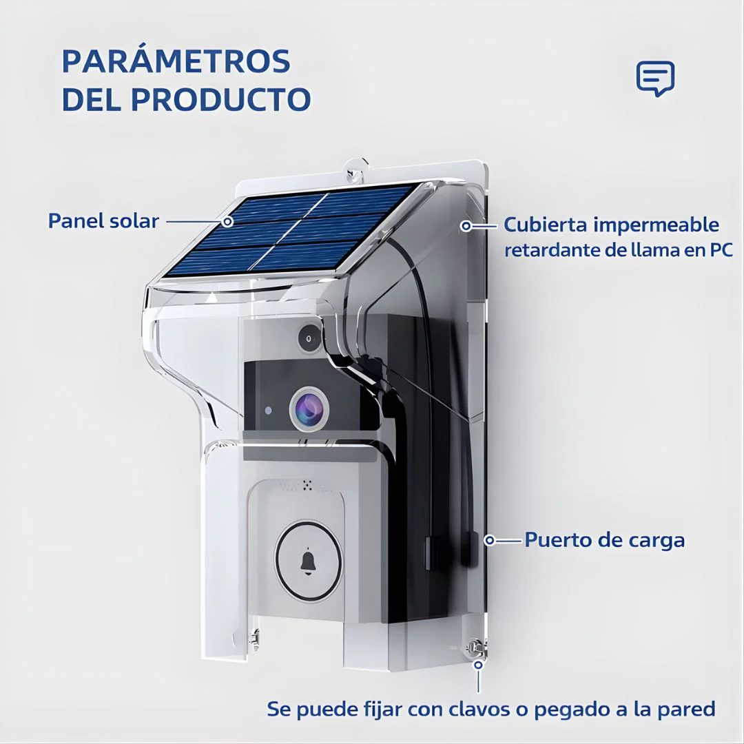 Timbre Inteligente Con Cámara Wifi Y Panel Solar. Video Portero Inalámbrico Con Visión Nocturna, Audio Bidireccional Y Monitoreo Con App. Incluye Cobertor Antilluvia Para Exteriores. - Image 2