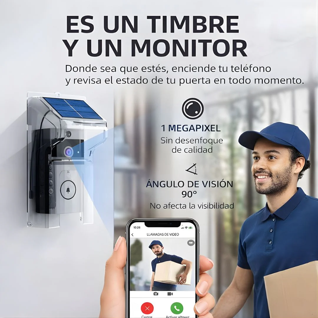 Timbre Inteligente Con Cámara Wifi Y Panel Solar. Video Portero Inalámbrico Con Visión Nocturna, Audio Bidireccional Y Monitoreo Con App. Incluye Cobertor Antilluvia Para Exteriores. - Image 3