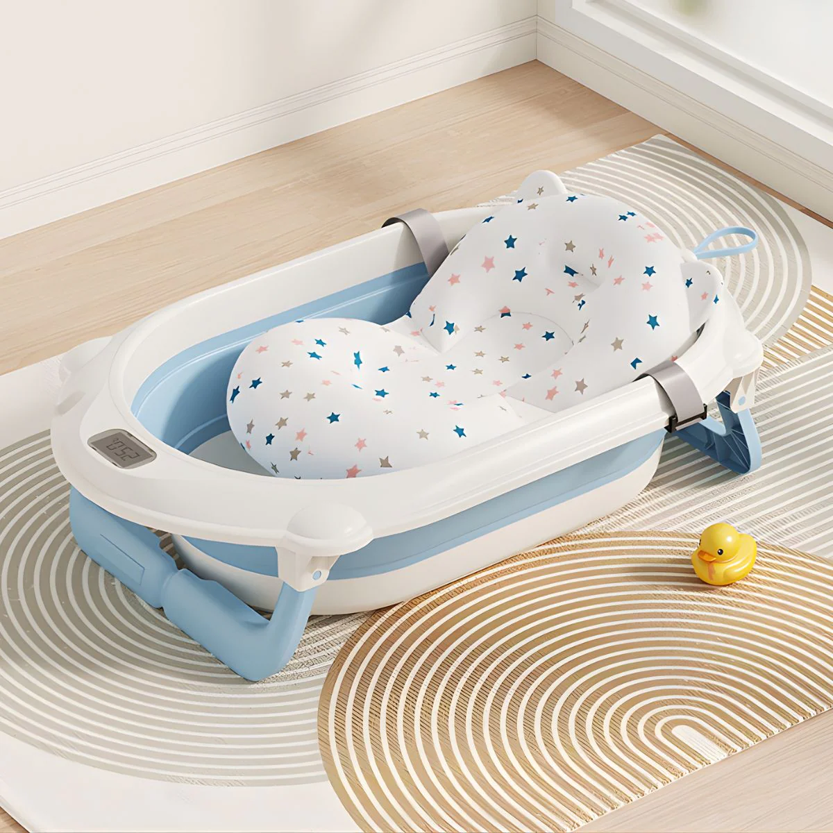 Tina Plegable Para Bebé Con Termómetro Digital Y Cojín Antideslizante. Bañera Infantil Portátil Azul.