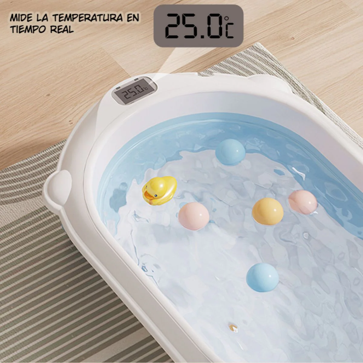 Tina Plegable Para Bebé Con Termómetro Digital Y Cojín Antideslizante. Bañera Infantil Portátil Azul. - Image 2