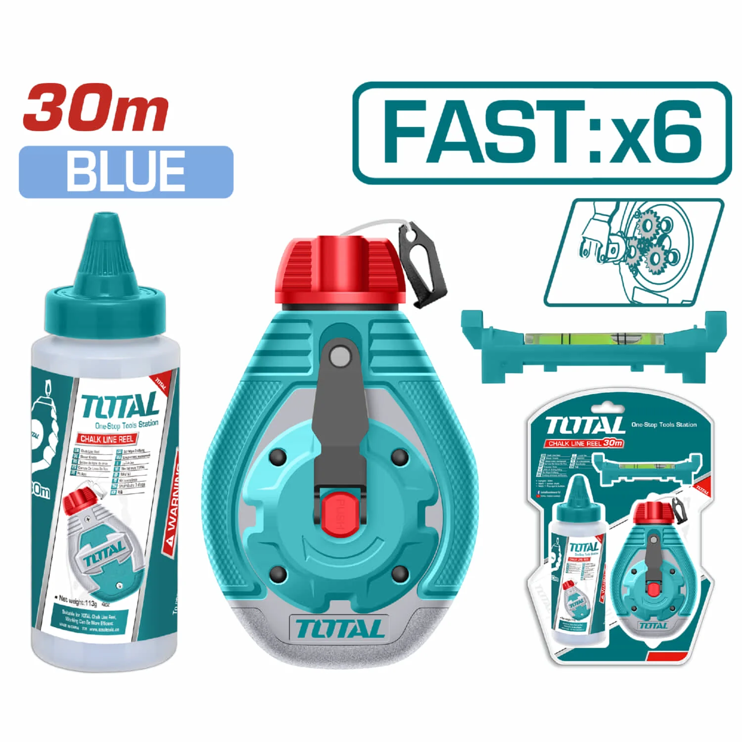 Tira Línea (Chalk Line) 30 Mts. Con Manivela De Acero Inoxidable, Botella De Tiza Azul 113G Y Retracción Rápida 6:1.