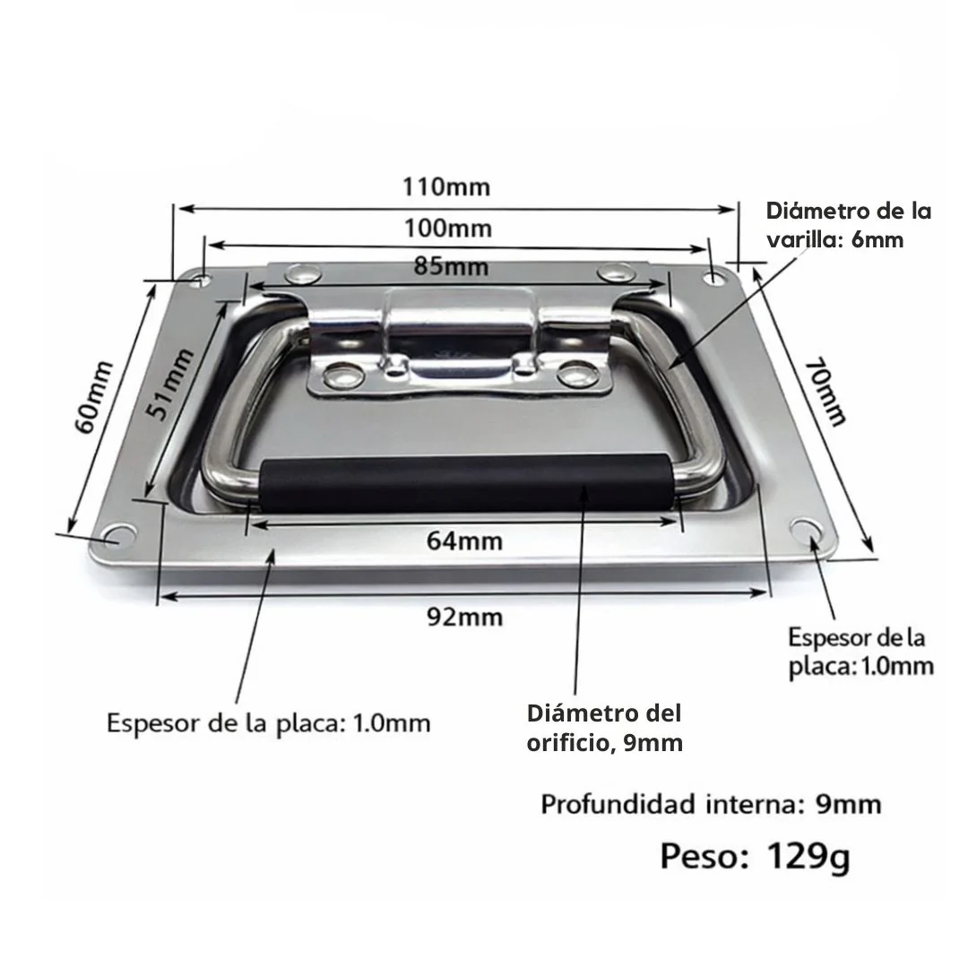 Tirador Empotrable Rectangular Con Agarre De Goma. Manija Asa Plegable Industrial Acero Inoxidable 304 Sin Resorte (110Mm). 609 - Image 2