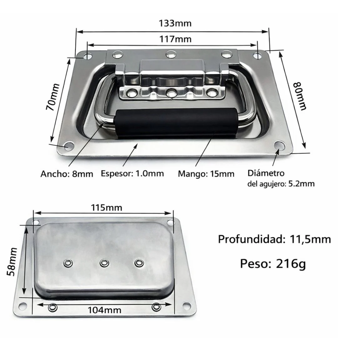 Tirador Empotrable Rectangular Con Agarre De Goma. Manija Asa Plegable Industrial Acero Inoxidable 304 Sin Resorte (132Mm). 607 - Image 2