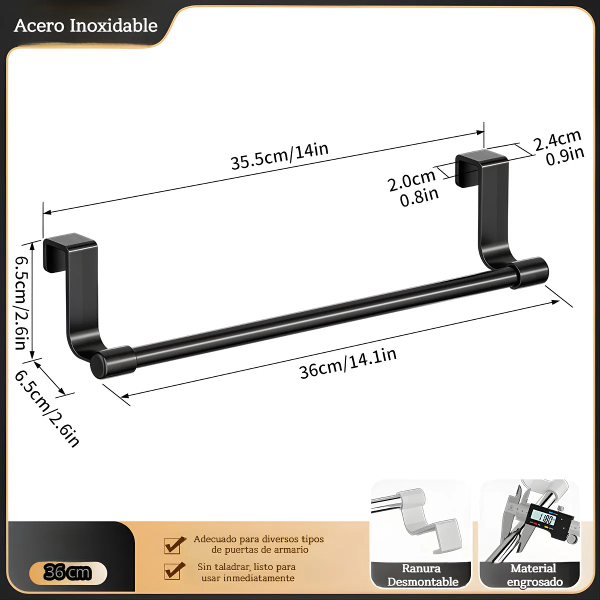 Toallero Colgante Para Gabinetes 36 Cm Ideal Para Baño O Cocina. Color Negro. Acabado Resistente. Barra  Para Puertas De Hasta 2.4 Cm De Grosor - Image 3