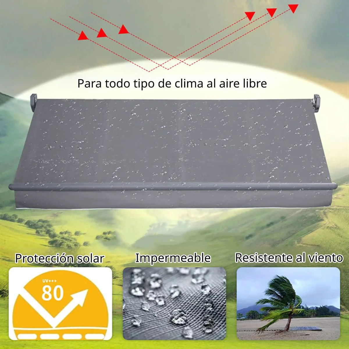 Toldo Retráctil Manual 2 X 1.5M. Tolda Gazebo Color Gris. Carpa Impermeable Con Protección UV Y Brazo De Aluminio Reforzado. - Image 3