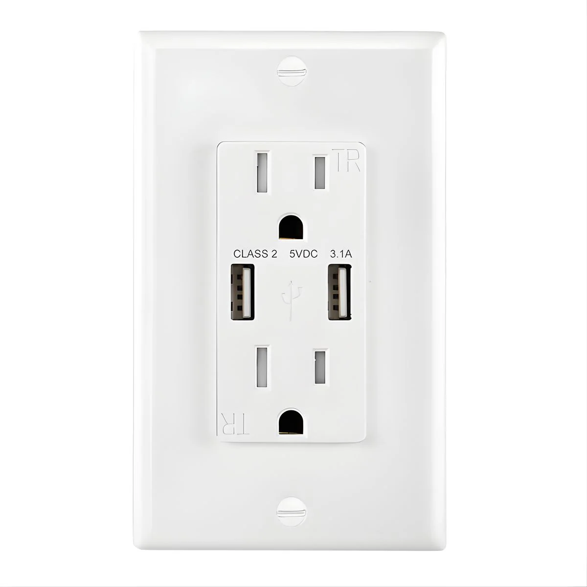 Tomacorriente Doble De Pared 15AMP Con USB Dual 5V 3.1A. Enchufe Con Cargador Para Dispositivos Electrónicos. Protección TR A Prueba De Manipulación KU-15T3.