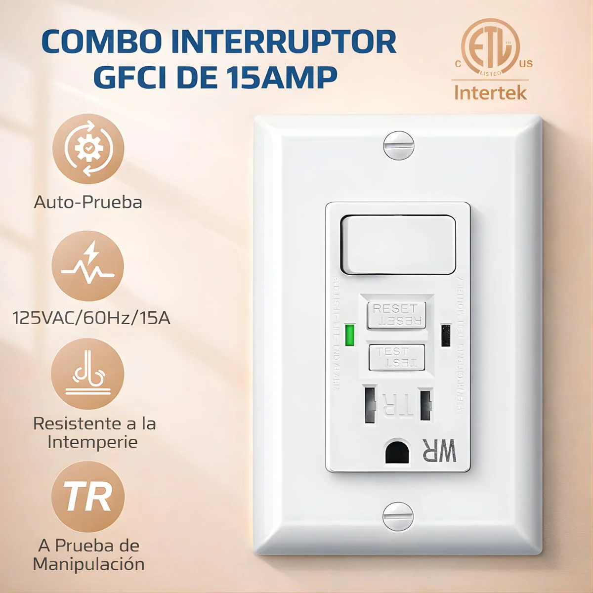 Tomacorriente GFCI 15A Combo Con Interruptor TR&WR. Enchufe De Seguridad Con Botón Reset/Test. A Prueba De Agua Y Con Protección Para Niños KG-15TWS.