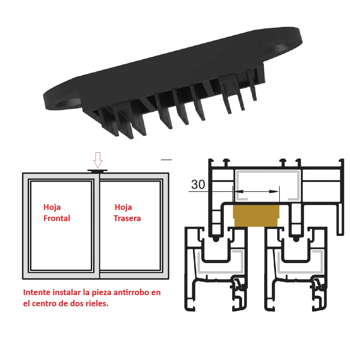 Tope NEGRO De Seguridad Antirrobo Para Ventanas Corredizas De Perfiles Upvc Evita Aperturas No Deseadas, Anti-Theft Piece 76.4Mm Upvc - Image 2