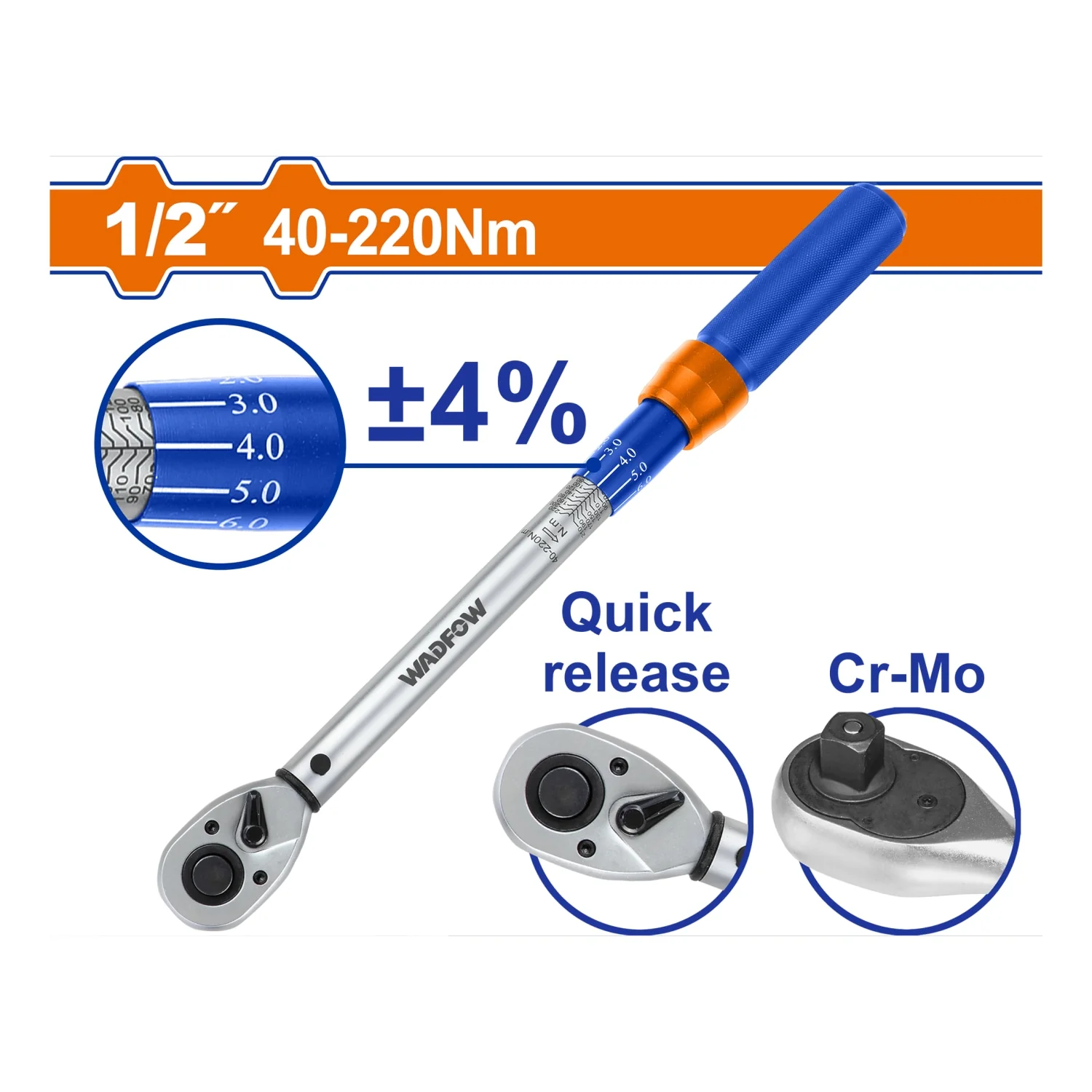 Torquímetro 1/2" 40–220 Nm. Cr-V Liberación Rápida Cr-Mo. Long: 430 Mm. Tolerancia De Torque: ±4%