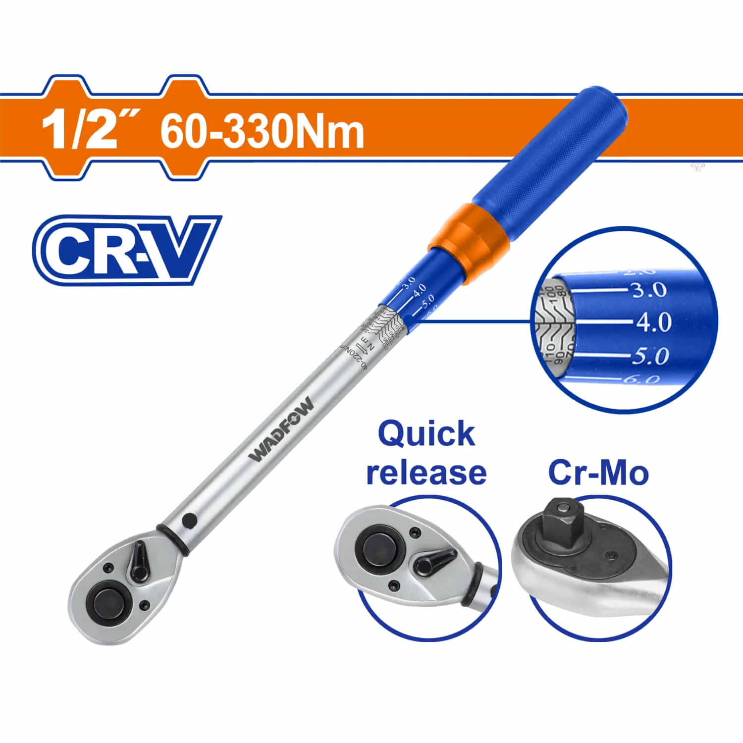 Torquímetro 1/2" 60-330N.M Cr-V. Liberación Rápida. Cr-Mo. Long: 565Mm. Tolerancia De Torque: ±4%