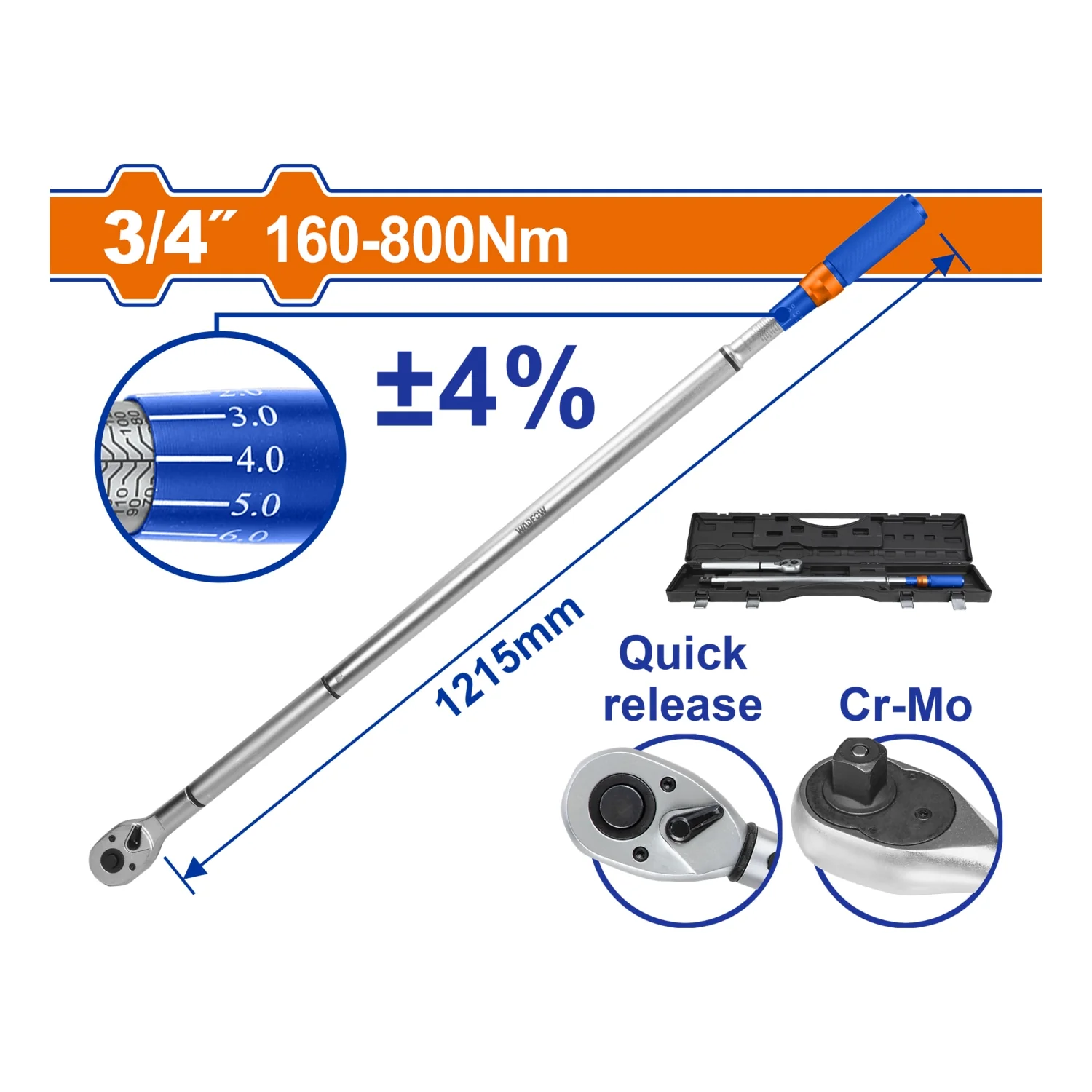 Torquímetro 3/4" 160–800 Nm. Cr-V Liberación Rápida Cr-Mo. Long: 1215 Mm. Tolerancia De Torque: ±4%