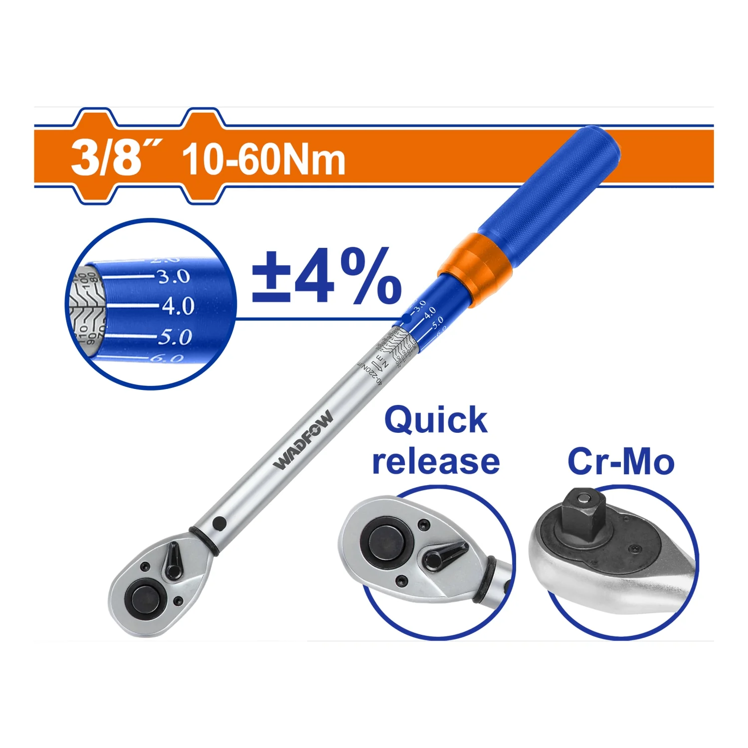 Torquímetro 3/8" 10–60 Nm. Cr-V Liberación Rápida Cr-Mo. Long: 305 Mm. Tolerancia De Torque: ±4%