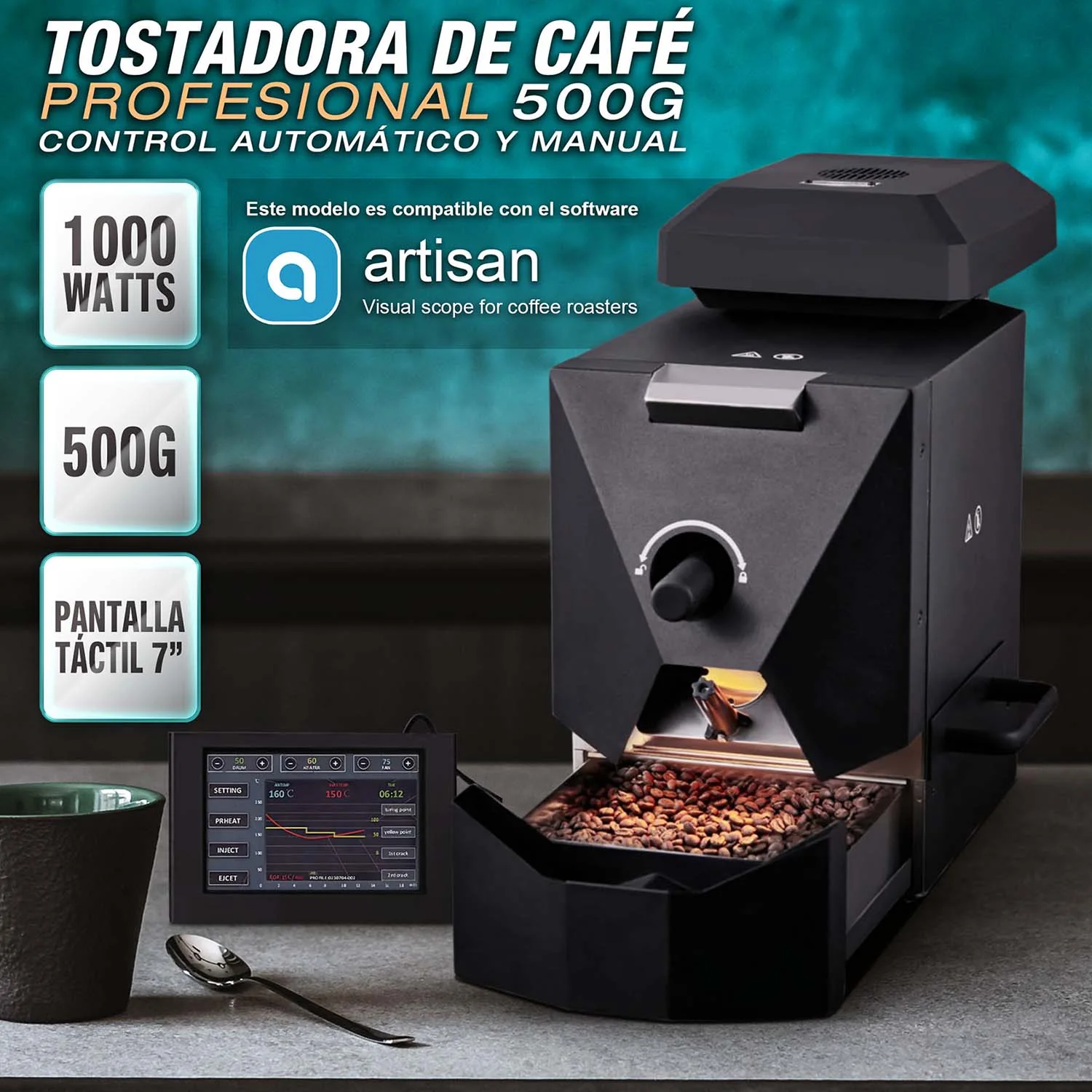 Tostadora De Café Profesional 500G Con Pantalla Táctil 7”. Máquina Tostadora De Café En Grano 1000W. Control Automático, Manual Y Artisan