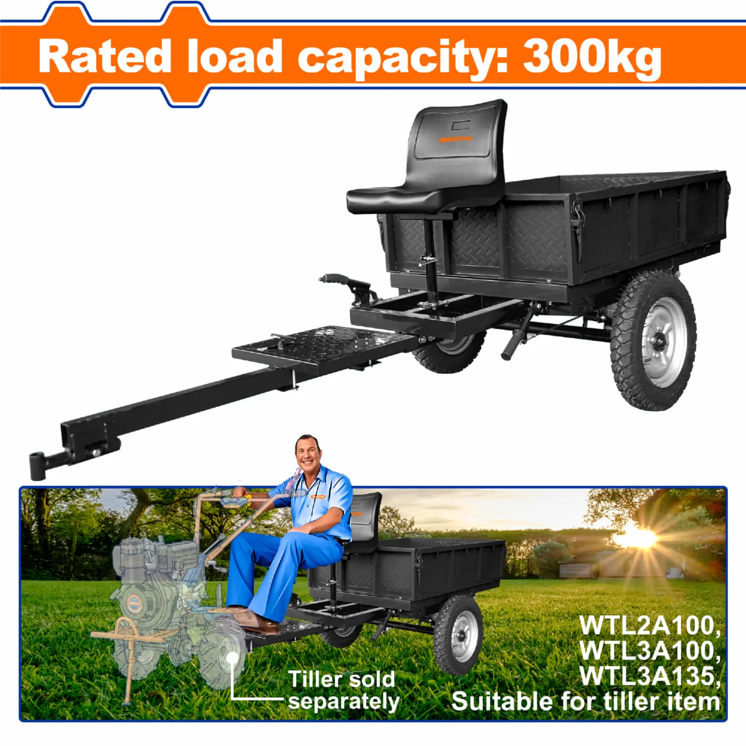 Carreta Remolque Para Motocultor ≤300 Kg Suspensión Ballesta. 1280X870x360 Mm Compatible Con WTL2A100 WTL3A100 WTL3A135 WTL3A135D