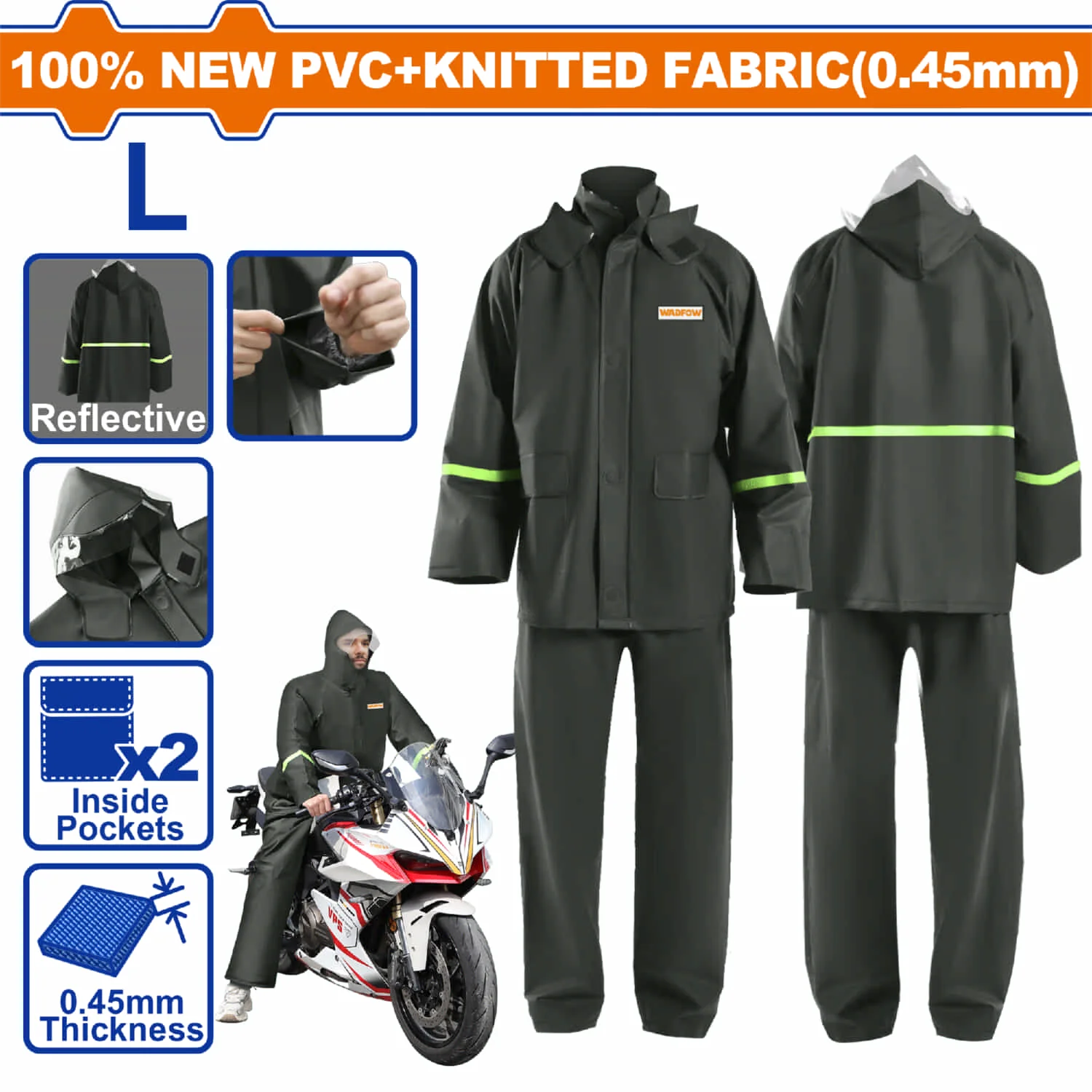 Jacket Y Pantalon Impermeable Para Lluvia Motorizado Talla L PVC 0.45Mm Cinta Reflectiva Transpirable Color Negro