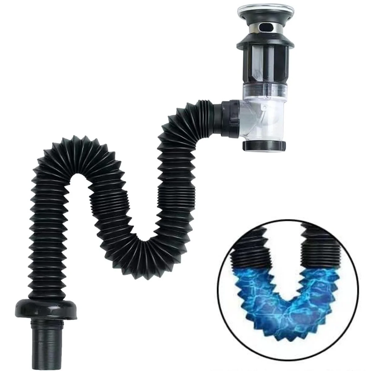 Trampa Para Desagüe Antiolor Flexible. Sifón Para Fregadero Y Lavamanos. Apertura De 30-32 Mm, Extensible De 45-80 Cm (Negro)