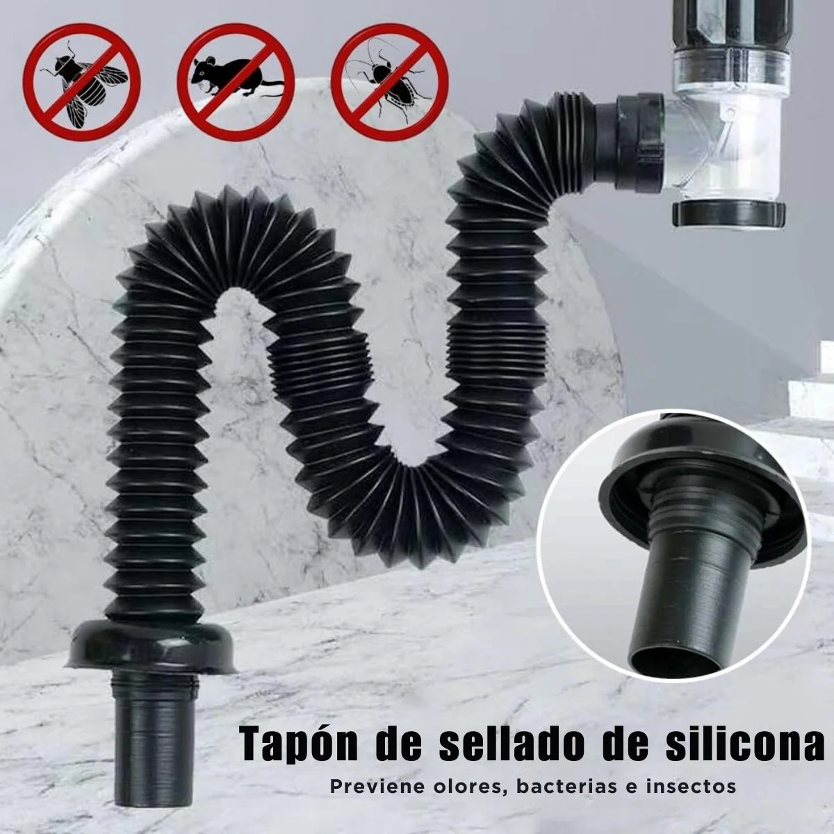 Trampa Para Desagüe Antiolor Flexible. Sifón Para Fregadero Y Lavamanos. Apertura De 30-32 Mm, Extensible De 45-80 Cm (Negro) - Image 4