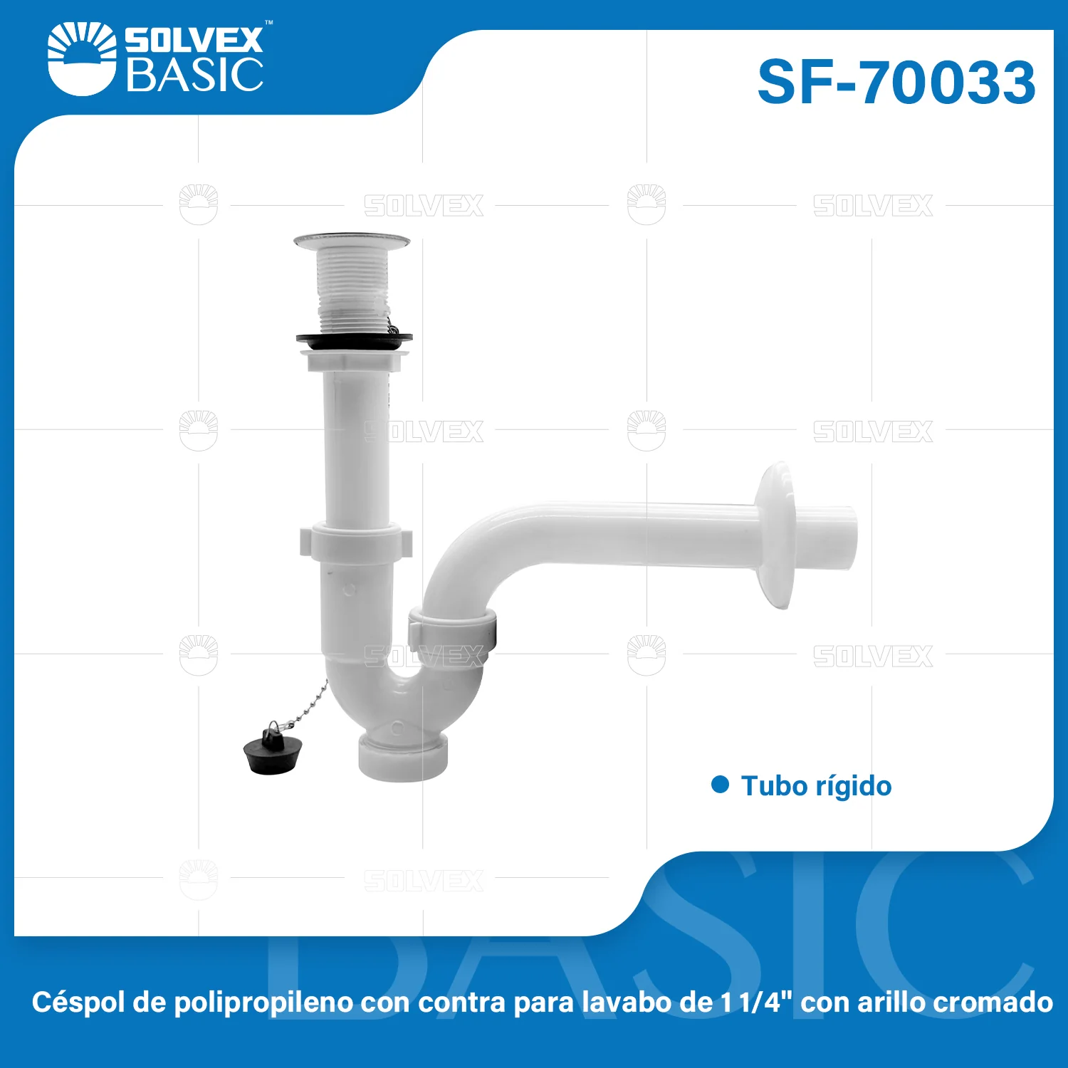 Trampa Sifón De Lavamanos 1 1/4". Tubo Rígido Con Tapón Y Anillo Cromado. Drenaje Antifugas.