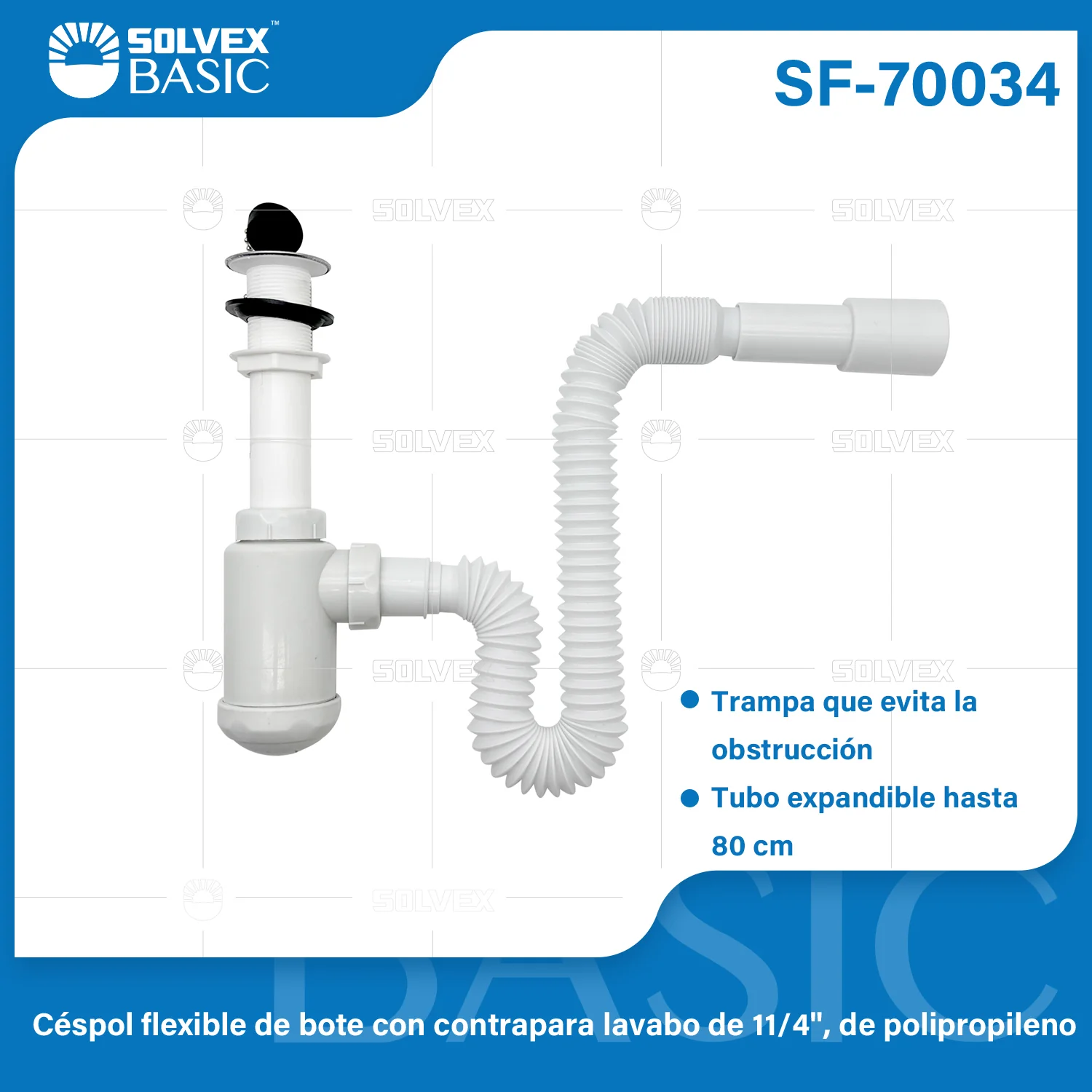 Trampa Sifón Flexible De Lavamanos 1 1/4". Tipo Botella. Tubo Expandible 80Cm. Drenaje Antifugas.