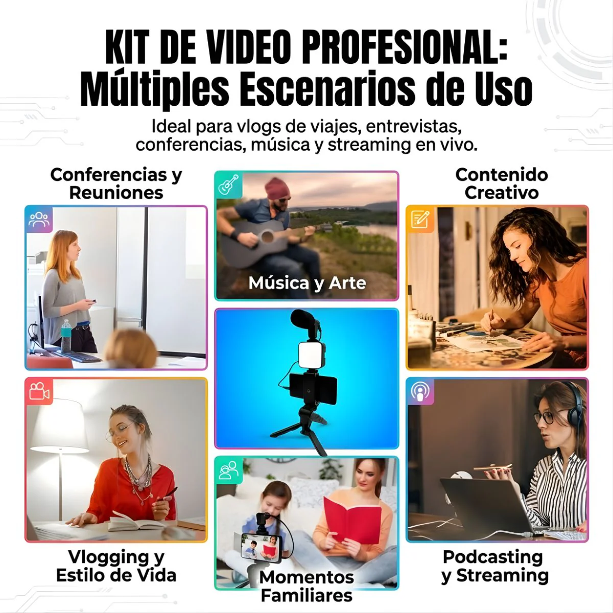 Trípode Con Luz LED Y Micrófono. Kit De Video Profesional Con Bluetooth. Soporte Automático Para Streaming Y Vlogs. - Image 3