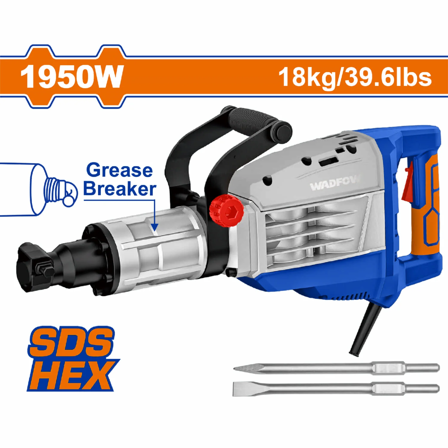 Demoledor SDS HEX 1950W 110V-120V~60Hz 2100Bpm 80J Incluye 2 Cinceles. Demoledora Picadora