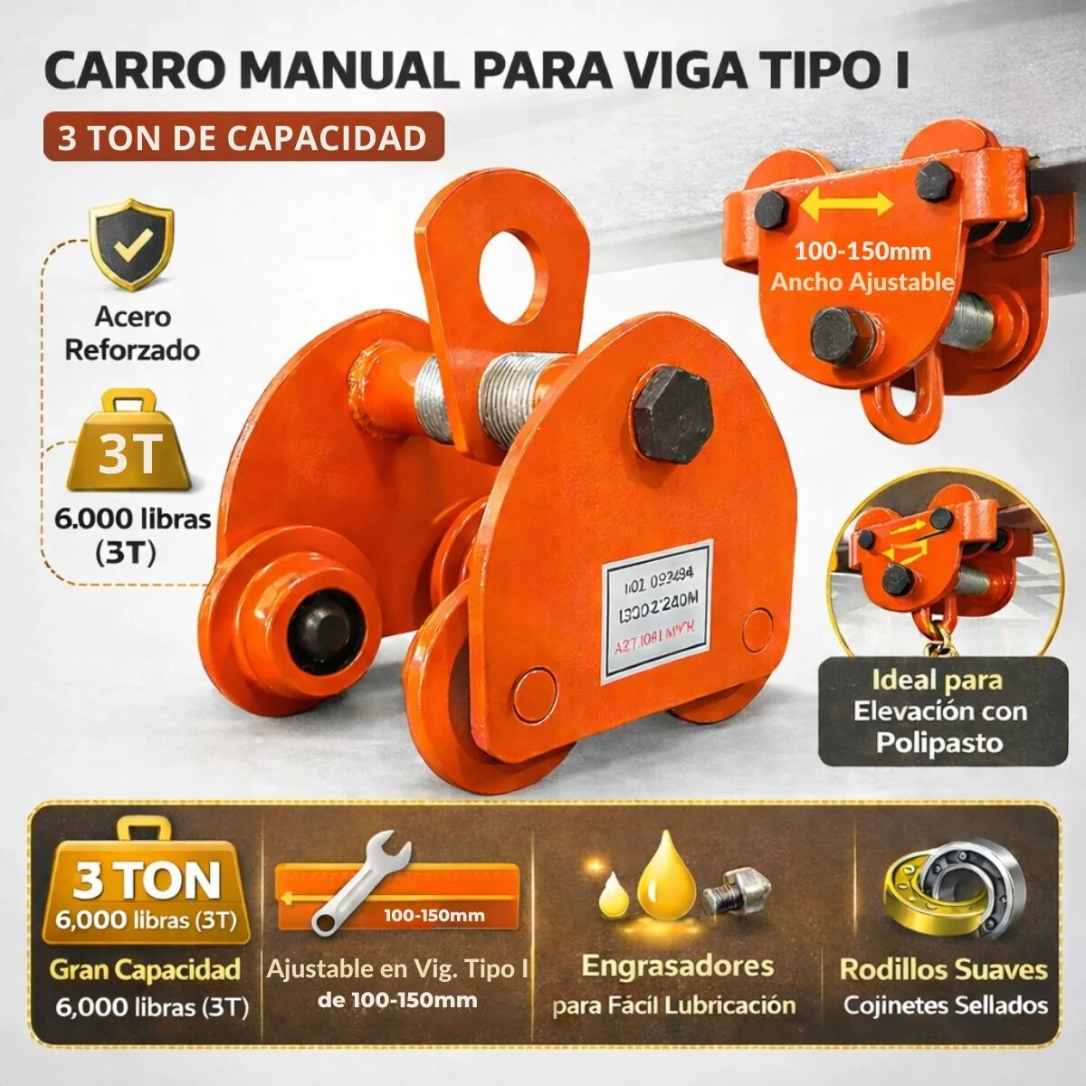 Trolley Manual Sencillo 3 Ton Para Viga 100-150 Mm Polipasto Carro De Viga. Uso Industrial Pesado