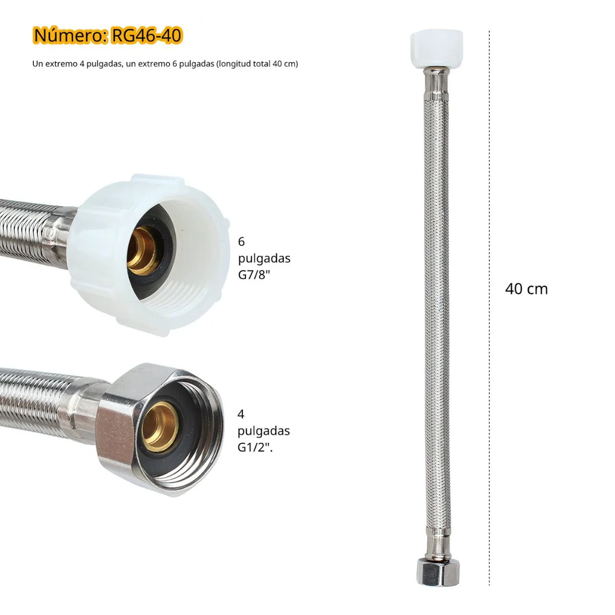Tubo De Abasto Manguera Flexible 40Cm Acero Inoxidable Trenzado Con Conectores G1/2 Y G7/8.