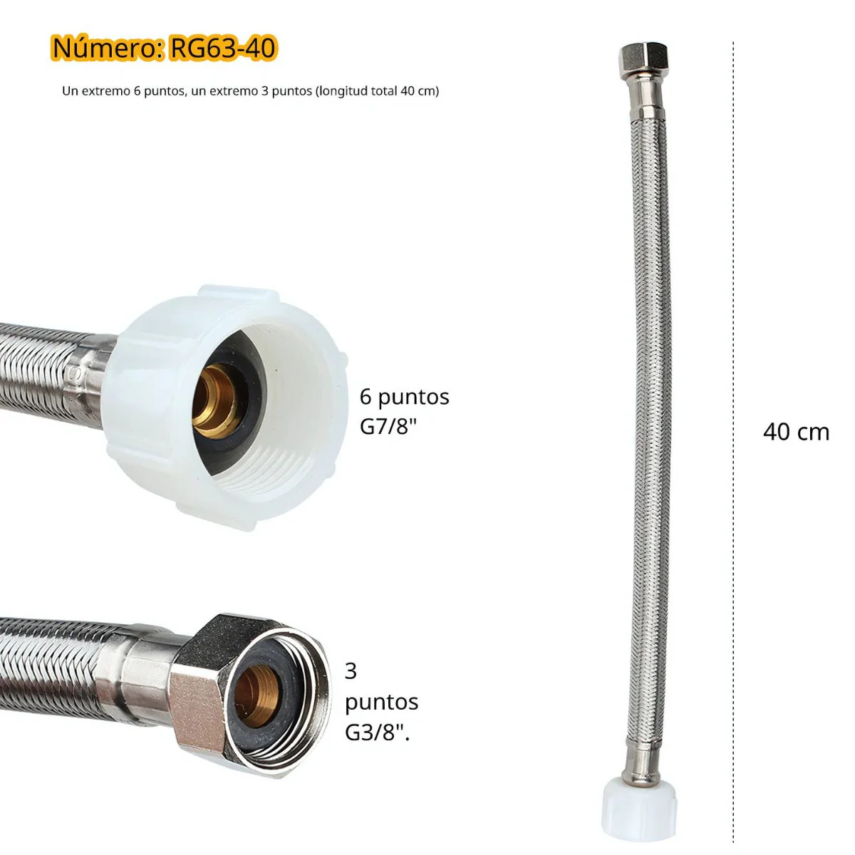 Tubo De Abasto Manguera Flexible 40Cm Acero Inoxidable Trenzado Con Conectores G7/8 Y G3/8.