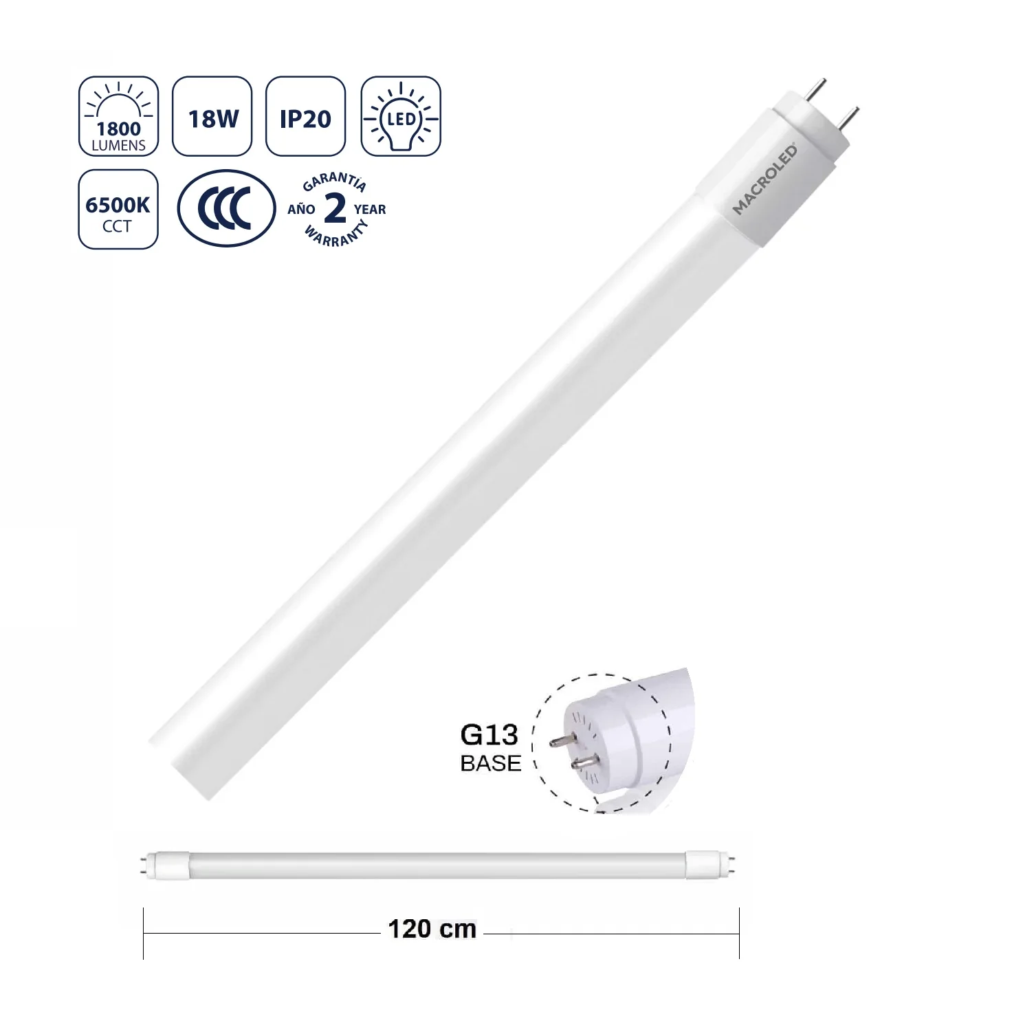 Tubo LED T18 18W 6500K Luz Fría, 1800Lm, Base G13 Ahorro Energético Y Luminosidad Homogénea, 598X26 Mm