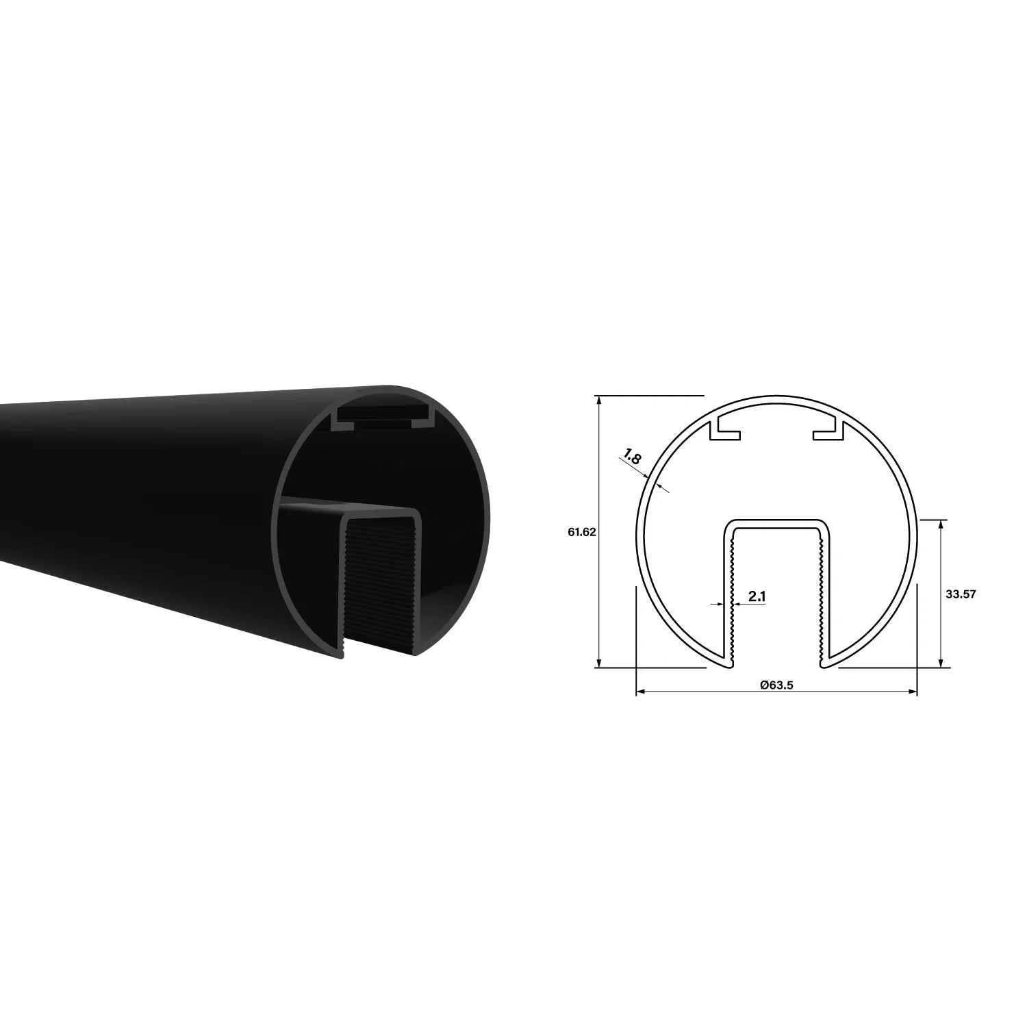 Tubo Redondo Pasamanos Aluminio Ranurado Diametro 63.5 Mm Largo 5.85M Anodizado Negro - Image 2