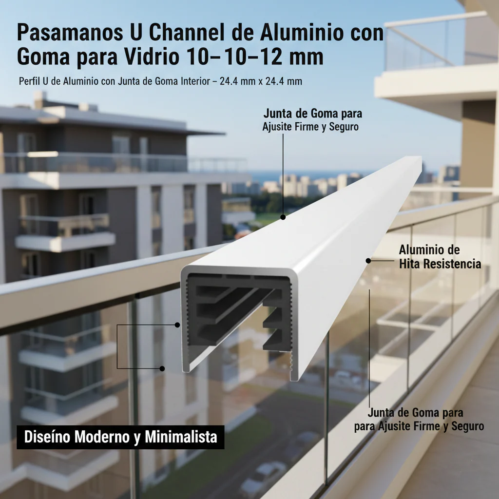 U Channel Pasamanos De Aluminio Color Inox Con Goma, 5.8M De Largo, 24.4Mm Alto Y Ancho Externo Y 21.4Mm Alto Y Ancho Interno