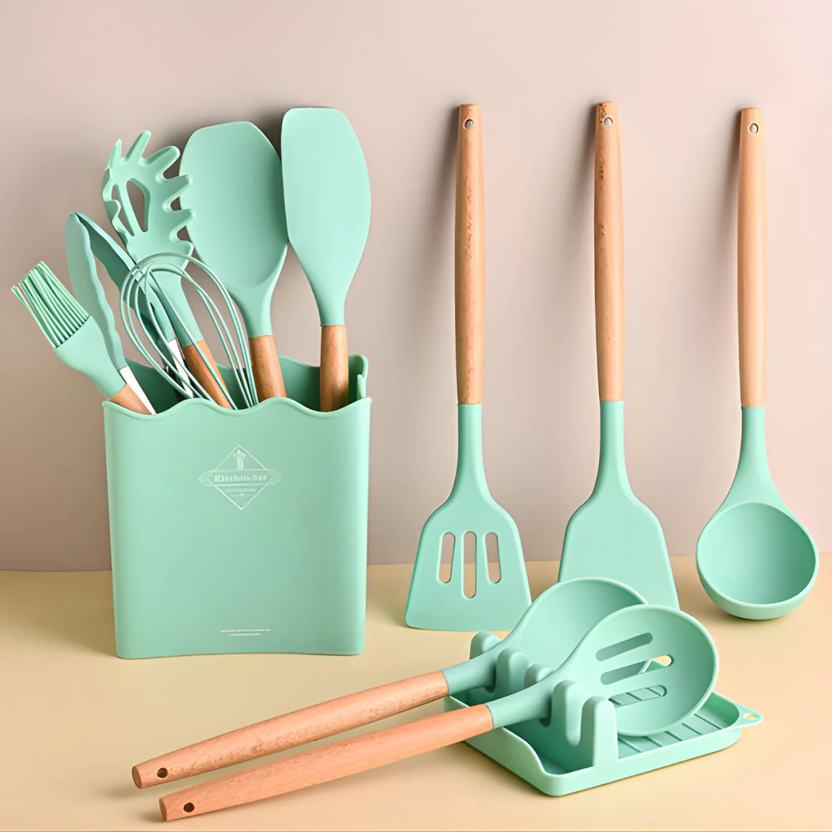 Utensilios De Cocina De Silicona Y Madera. Juego De Cucharones De 13 Piezas Antiadherentes Y Resistentes Al Calor.
