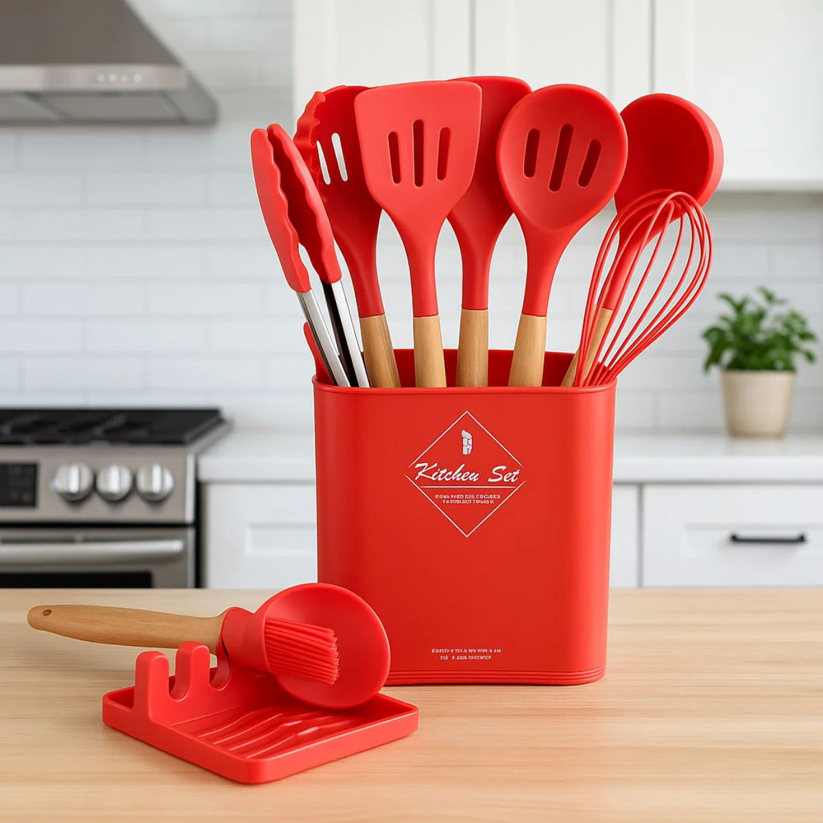 Utensilios De Cocina De Silicona Y Madera. Juego De Cucharones De 13 Piezas Antiadherentes Y Resistentes Al Calor. Color Rojo.