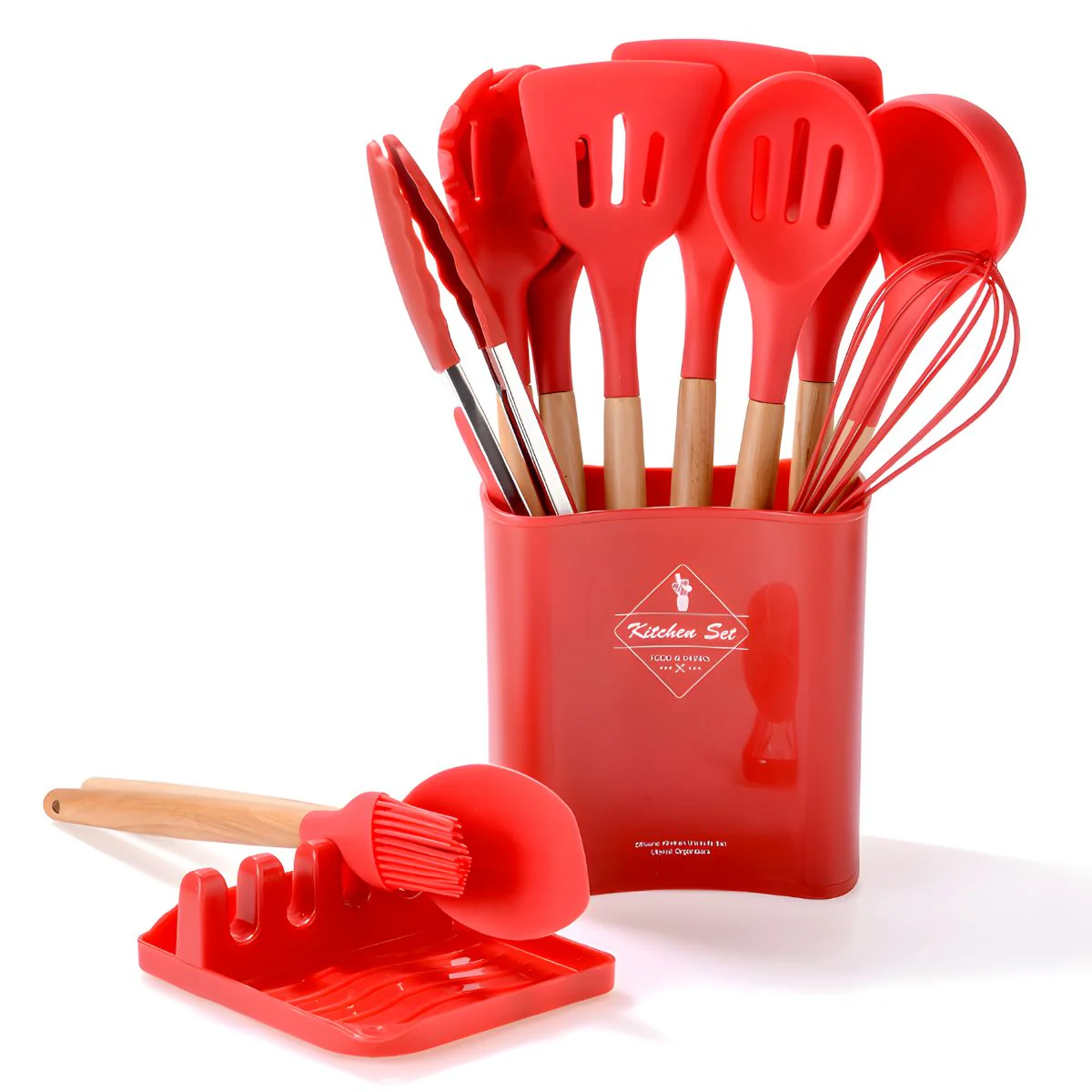 Utensilios De Cocina De Silicona Y Madera. Juego De Cucharones De 13 Piezas Antiadherentes Y Resistentes Al Calor. Color Rojo. - Image 4