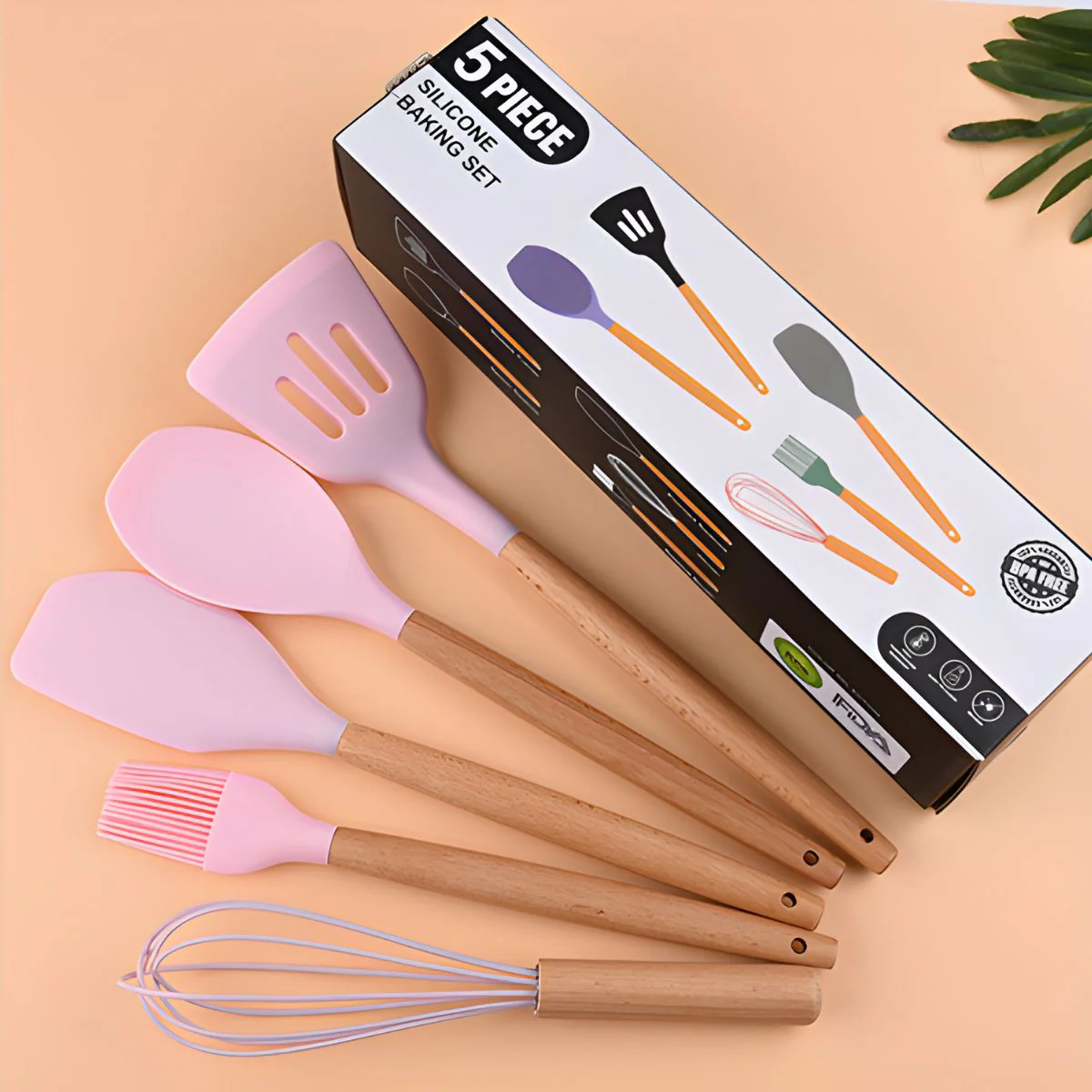 Utensilios De Cocina De Silicona Y Madera. Juego De Cucharones De 5 Piezas Antiadherentes Y Resistentes Al Calor. Color Rosado. - Image 3