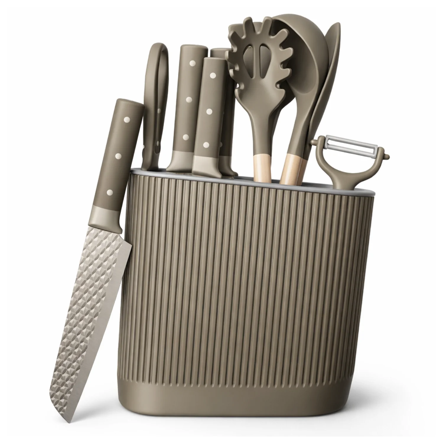 Utensilios De Cocina Y Cuchillos Color Verde Set De 11 Piezas Con Soporte. Diseño Texturizado Antiadherente.