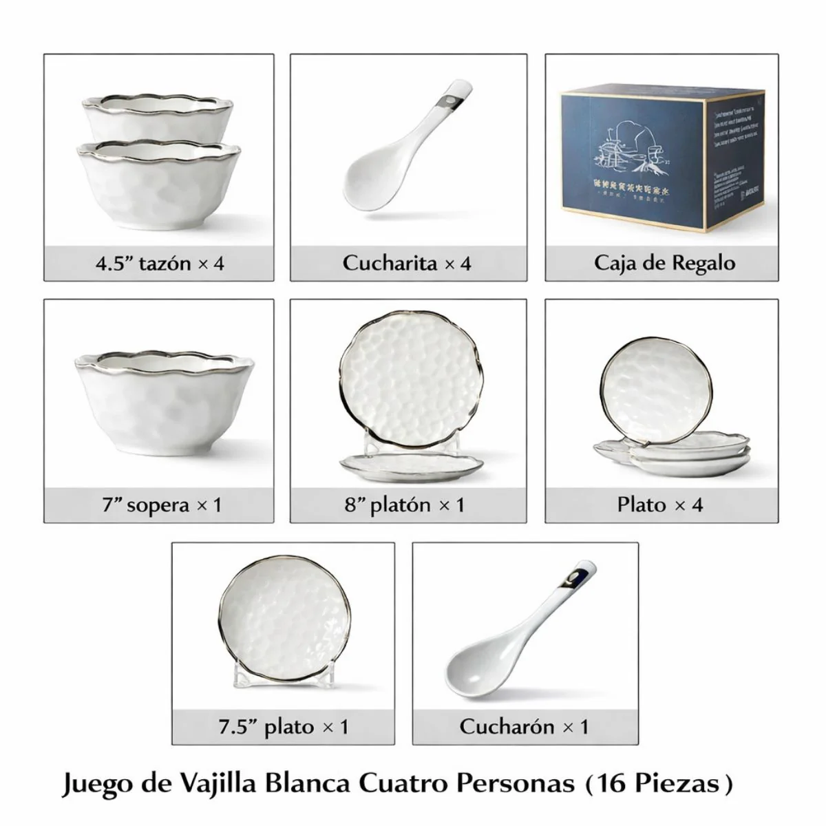 Vajilla 16 Piezas Para 4 Personas De Cerámica Blanca Con Borde Plateado Estilo Europeo, Esmalte Liso, Apta Para Café, Té Y Restaurante - Image 2