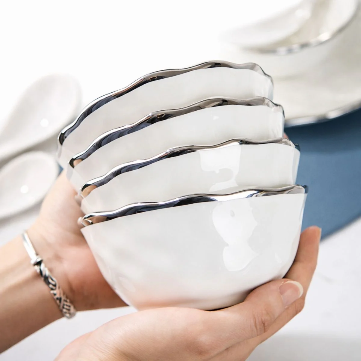 Vajilla 16 Piezas Para 4 Personas De Cerámica Blanca Con Borde Plateado Estilo Europeo, Esmalte Liso, Apta Para Café, Té Y Restaurante - Image 3