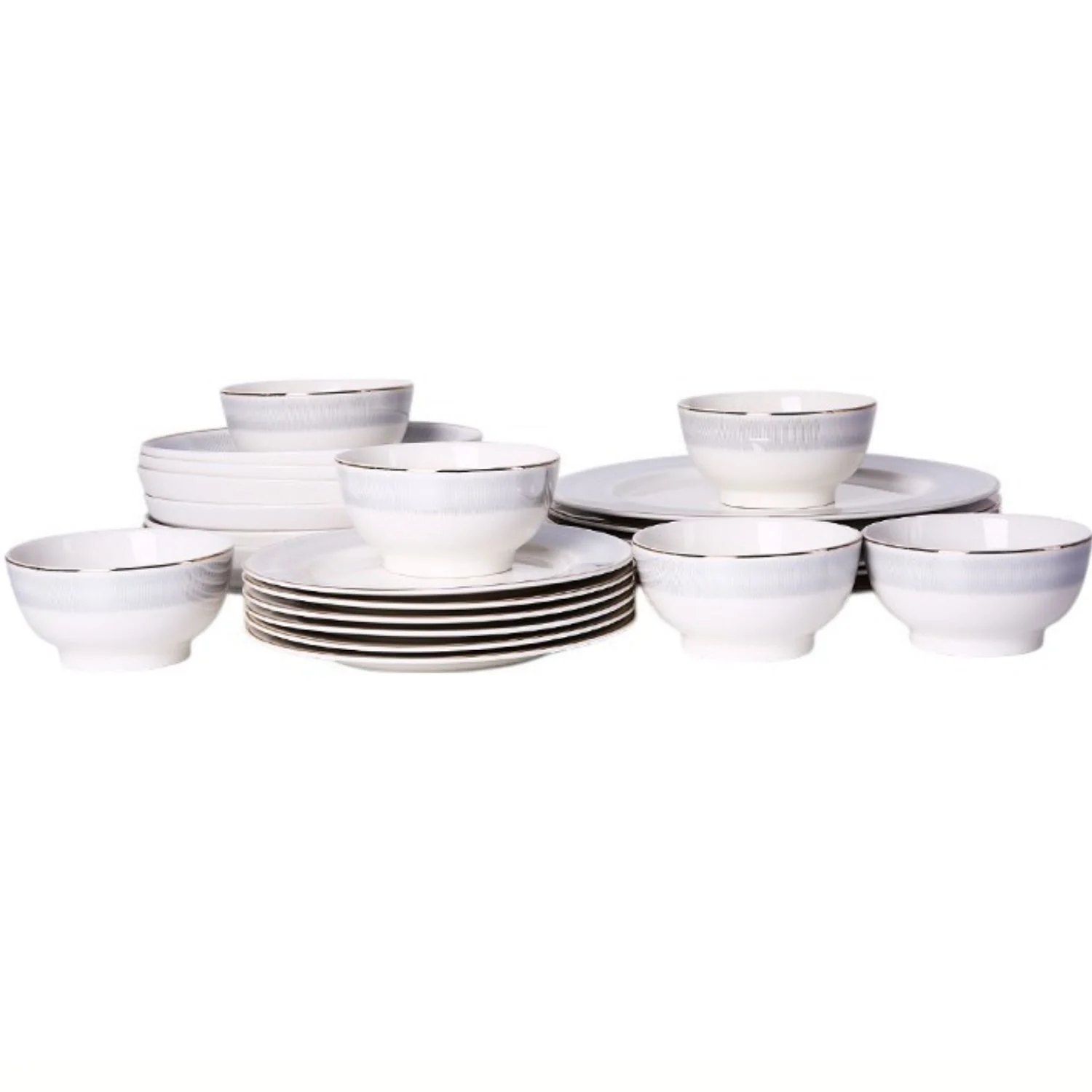 Vajilla De Cerámica Con Diseño Blanco En Relieve. Set De 24 Piezas. Set De Platos Y Tazones.
