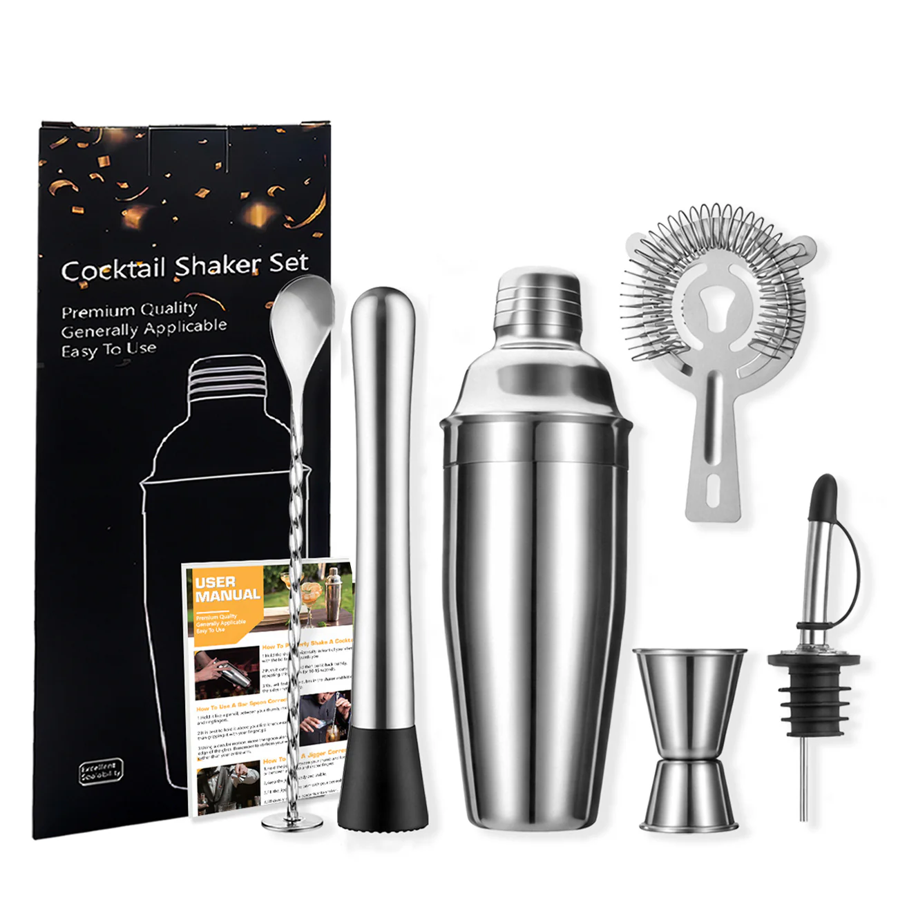Set De Cocteleria De Acero Inoxidable. Juego De Accesorios De Bar Para Cócteles. Set Shaker (6 Piezas)