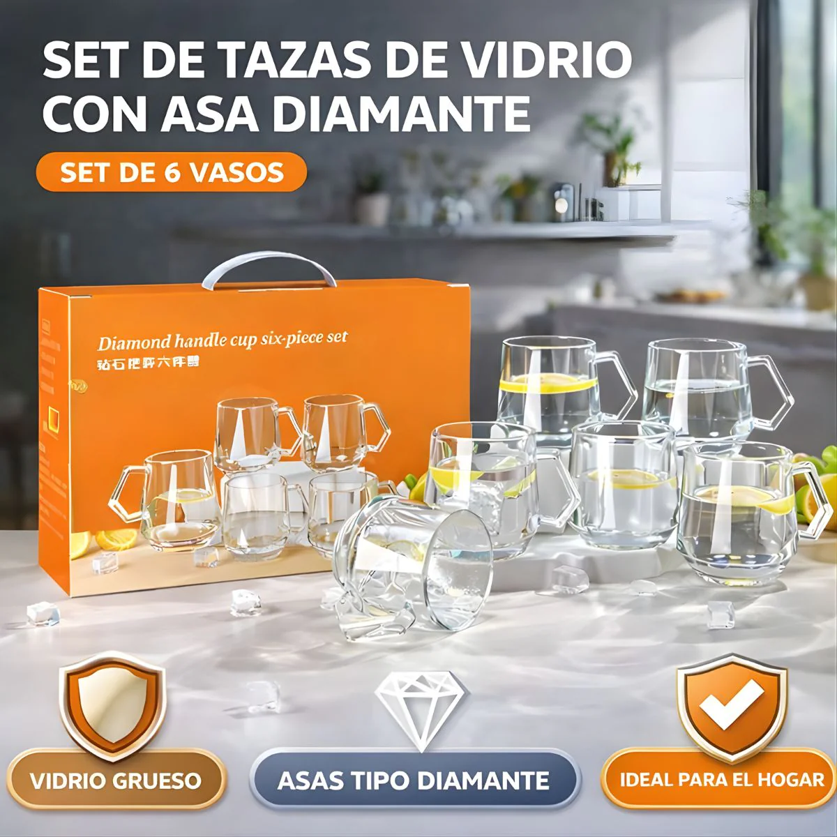 Vasos De Vidrio Con Asa Diseño Diamante. Set De 6 Unidades Con Capacidad De 300Ml.