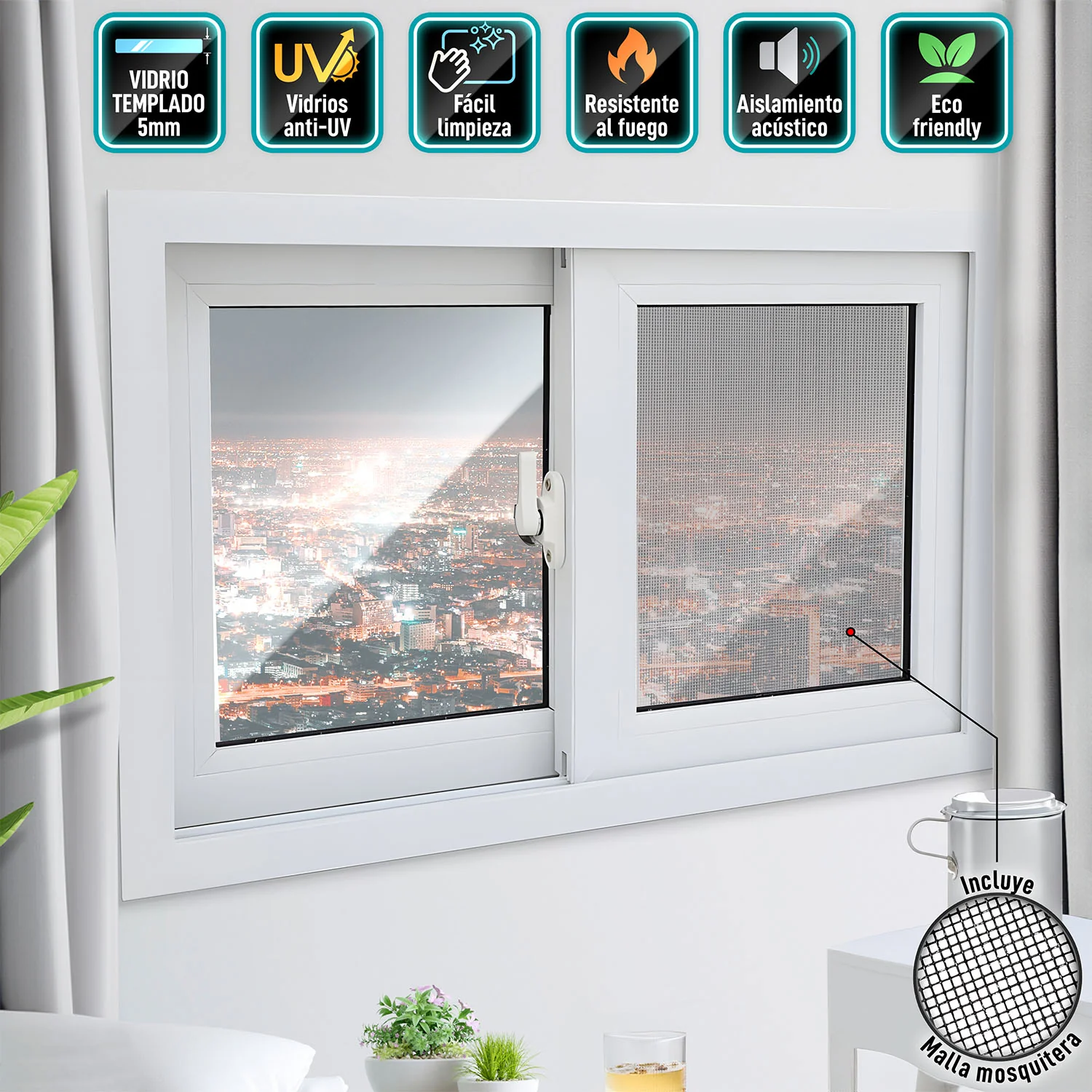 Ventanas Francesas Correderas UPVC Blanca Anti UV Vidrio De Seguridad Templado 5Mm (5 Años De Garantía) Incluye Malla Mosquitera Y Kit De Ventana Francesa - Image 6