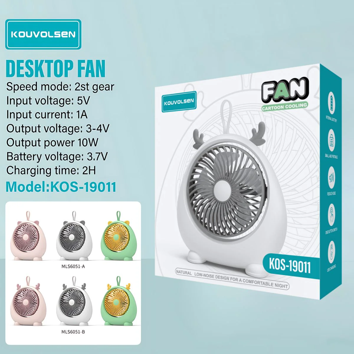 Ventilador De Escritorio Recargable USB 5V. Abanico Portátil De 2 Velocidades. Diseño Silencioso Y Compacto Para Mesa. Color Blanco.